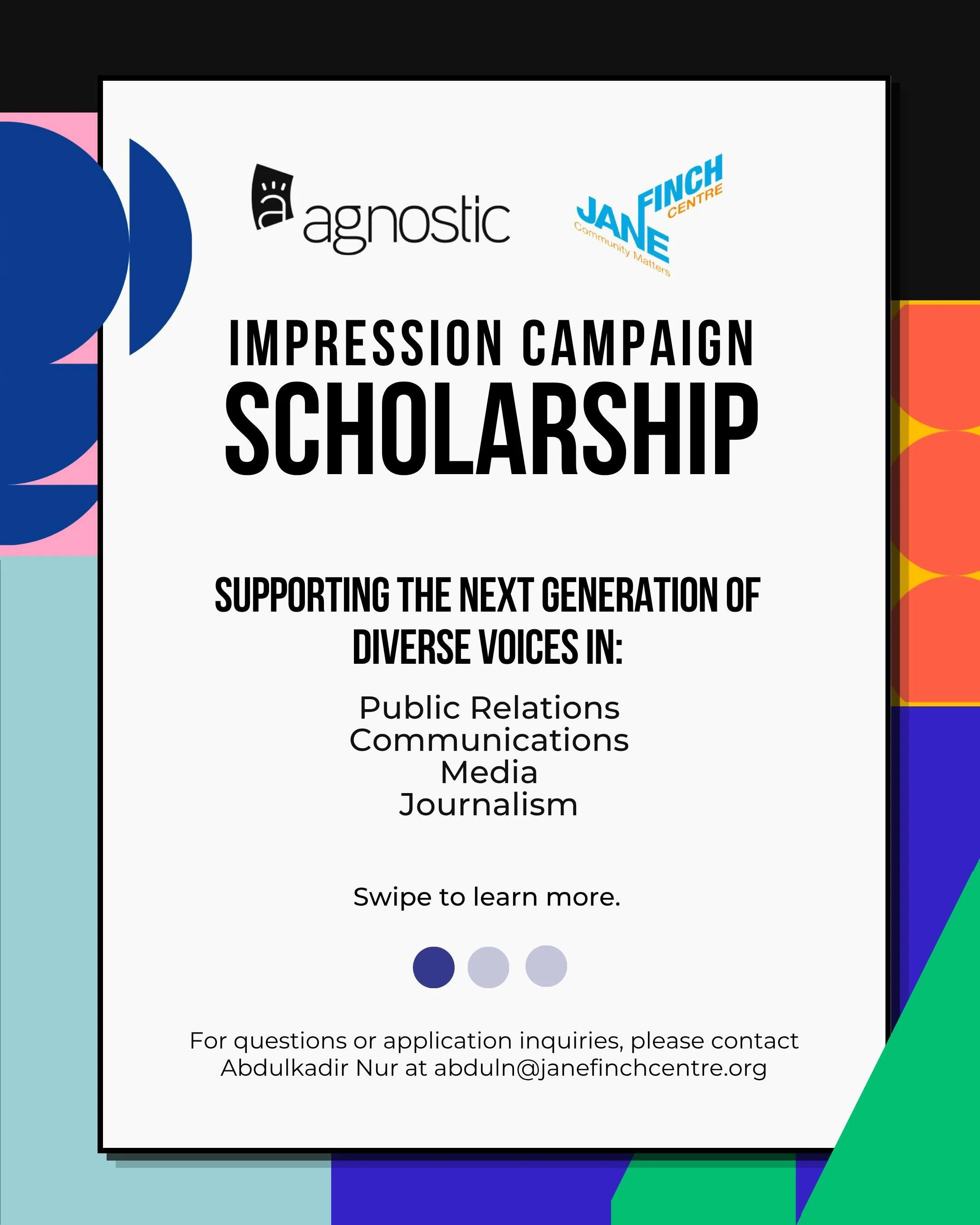 We&rsquo;ve partnered with @thinkagnostic, a Toronto PR firm, to launch the Impression Campaign Scholarship for youth in Jane-Finch and Black Creek &mdash; now open for applications!

A total of $10,000 in scholarships is available for 1&ndash;3 stud