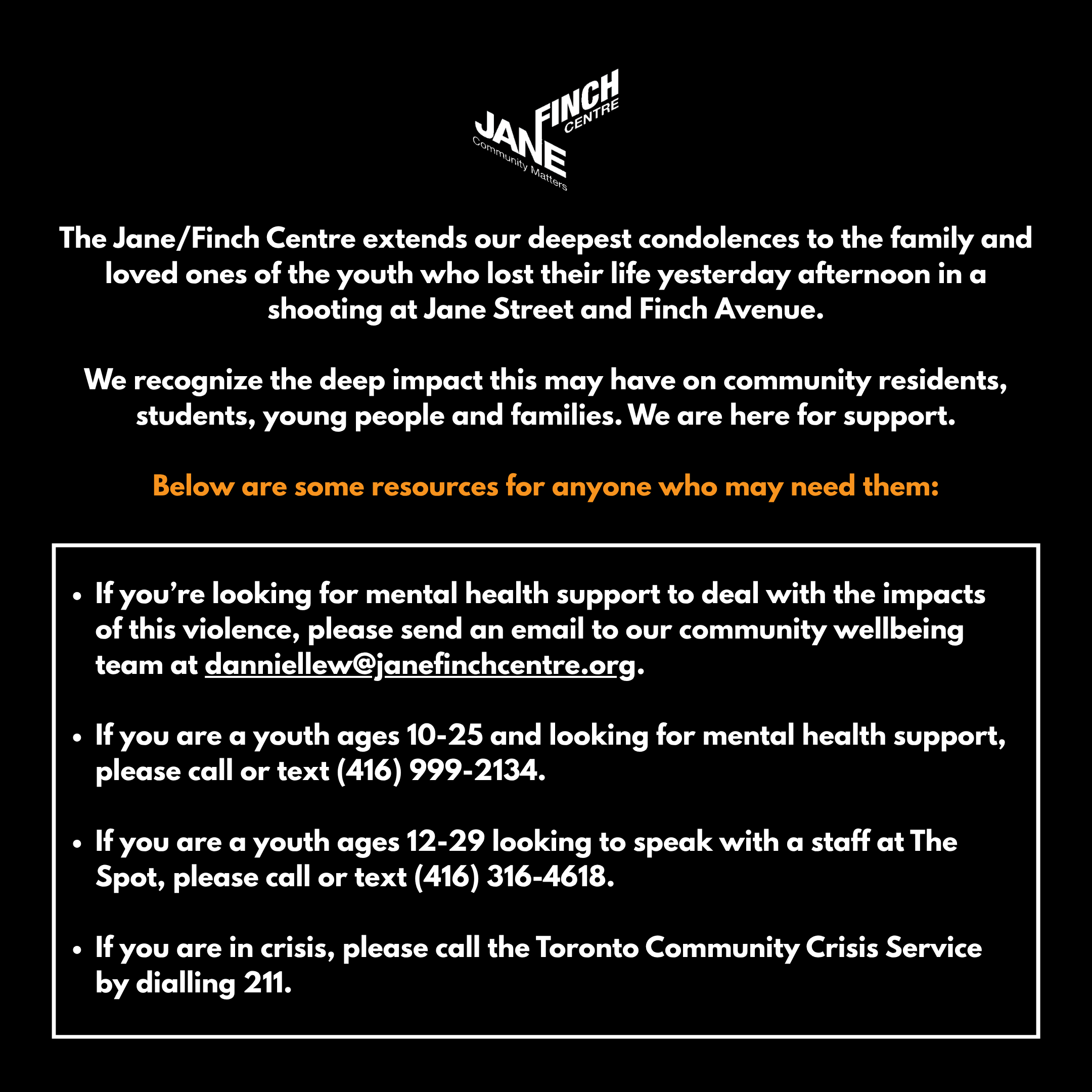 A Message to the Jane-Finch Community Following Yesterday’s Shooting