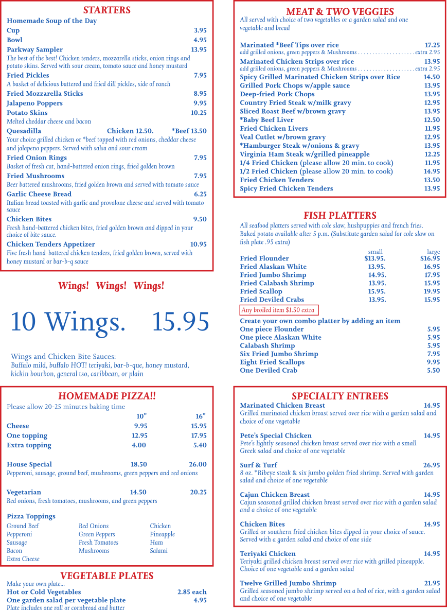 starters, wings, pizza, pepperoni, cheese, chicken, meat, fish, specialty entrees, steak, flounder, shrimp, calabash