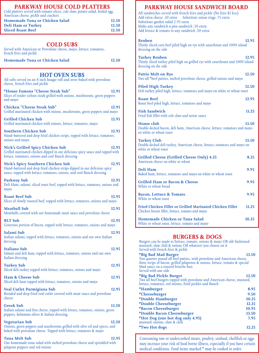 cold platters, subs, cheese steak, roast beef, meatball, turkey, greek, tuna melt, sandwich, burger, hot dogs, house, turkey club, reuben, pattie melt, roast beef, grilled cheese, BLT, bacon, lettuce, tomato