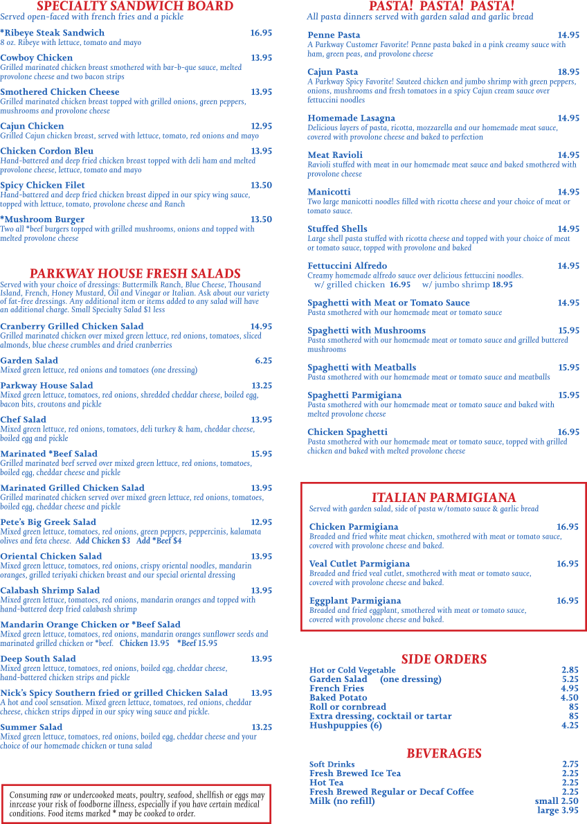 specialty sandwich, salads, chef salad, garden salad, cordon bleu, cajun chicken, spicy chicken, mushroom burger, summer salad, pasta, penne, cajus, lasagna, ravioli, manicotti, stuffed shells, spaghetti, chicken, parmigiana, veal, eggplant