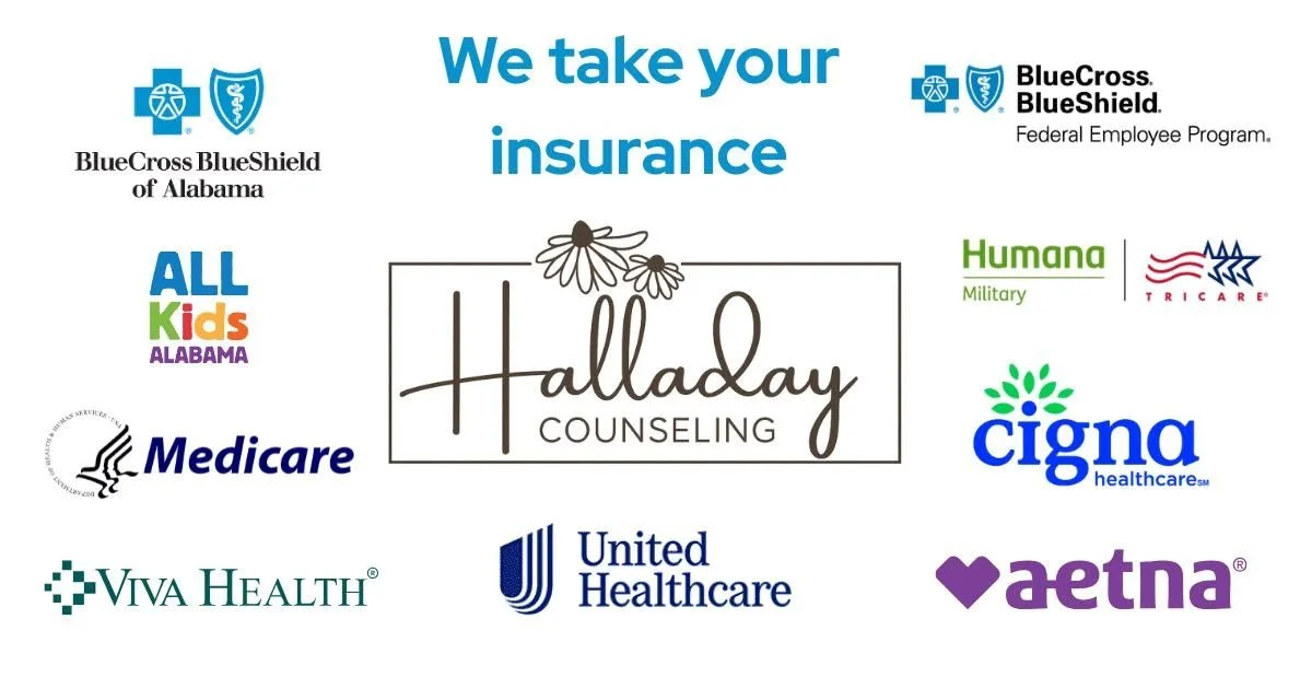 A poster for Halladay Counseling. It features the phrase 'We take your insurance' and displays logos of insurance providers including BlueCross BlueShield of Alabama, All Kids Alabama, Medicare, Humana Military, Tricare, Cigna Healthcare, Aetna, Viva Health, United Healthcare, on either side of the counseling center's name and logo. The poster has a white background and blue text.