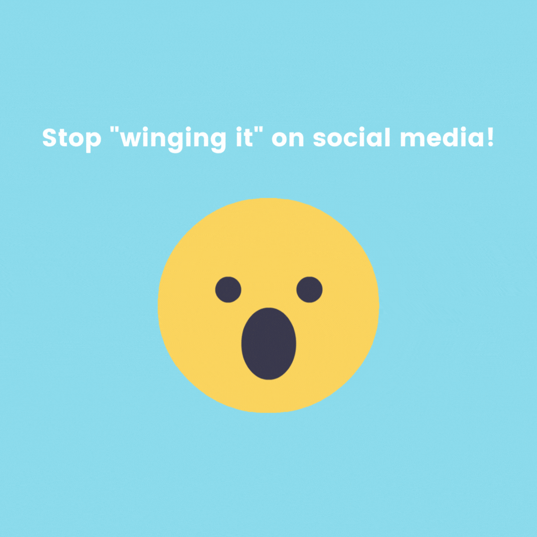 A yellow emoji with an open mouth and wide eyes, representing surprise or shock, on a light blue background with the text 'Stop "winging it" on social media!' used to promote Yarrow Social's Social Media Strategy offering for Alberta small businesses