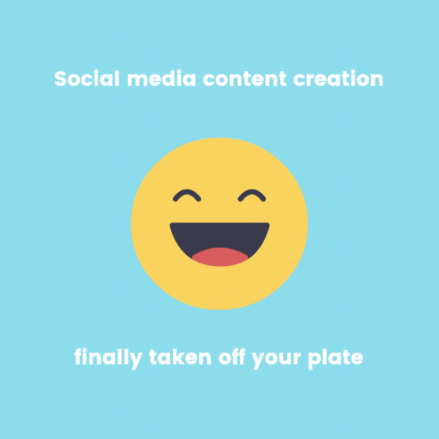 A large laughing emoji on a light blue background and the text 'Social media content creation finally taken off your plate' used to promote Yarrow Social's Social Media Content Creation offering for Alberta small businesses