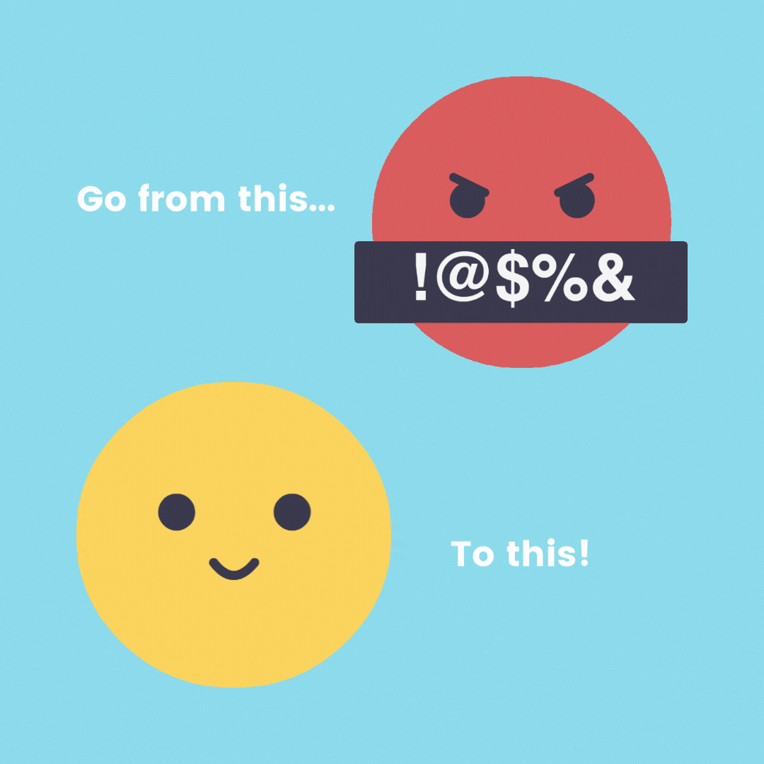 A smiley face transforming from an angry face with symbols like !@#$%& over its eyes, illustrating going from a negative to a positive mood used to promote Yarrow Social's Social Media Coaching offering for Alberta small businesses