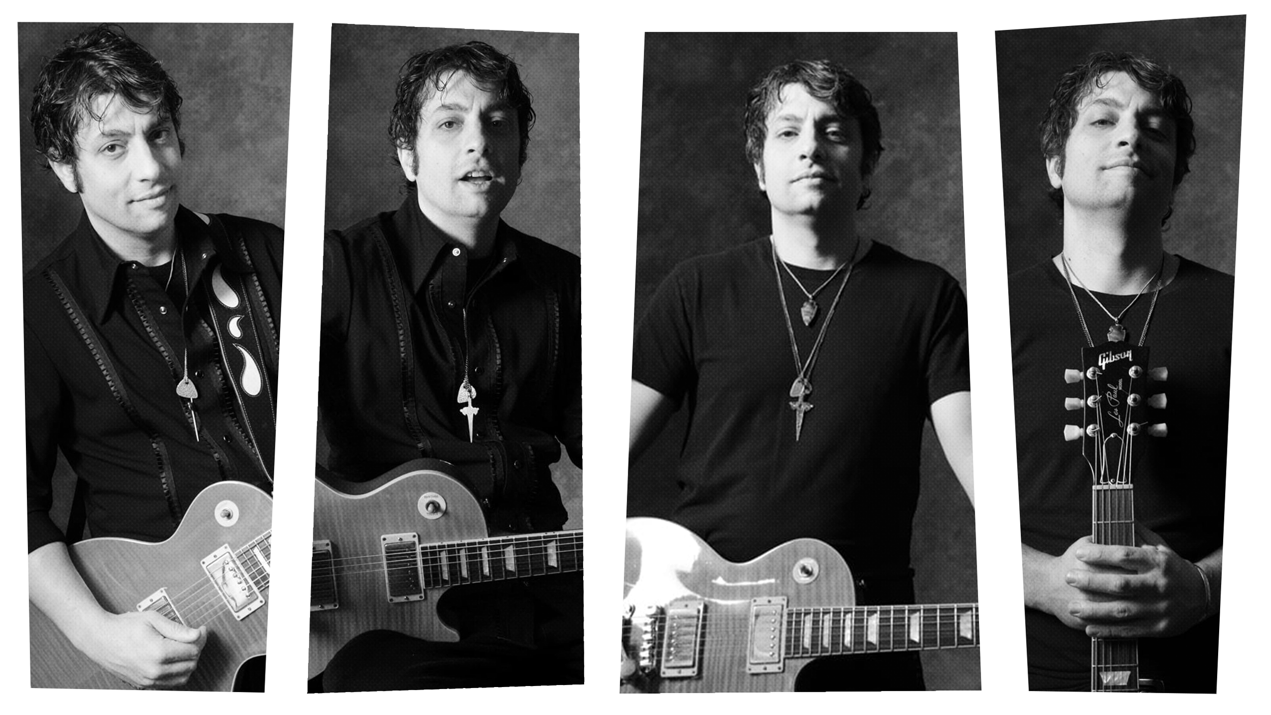 Black and white photo collage of PETE MURANO holding guitars and posing for a portrait.