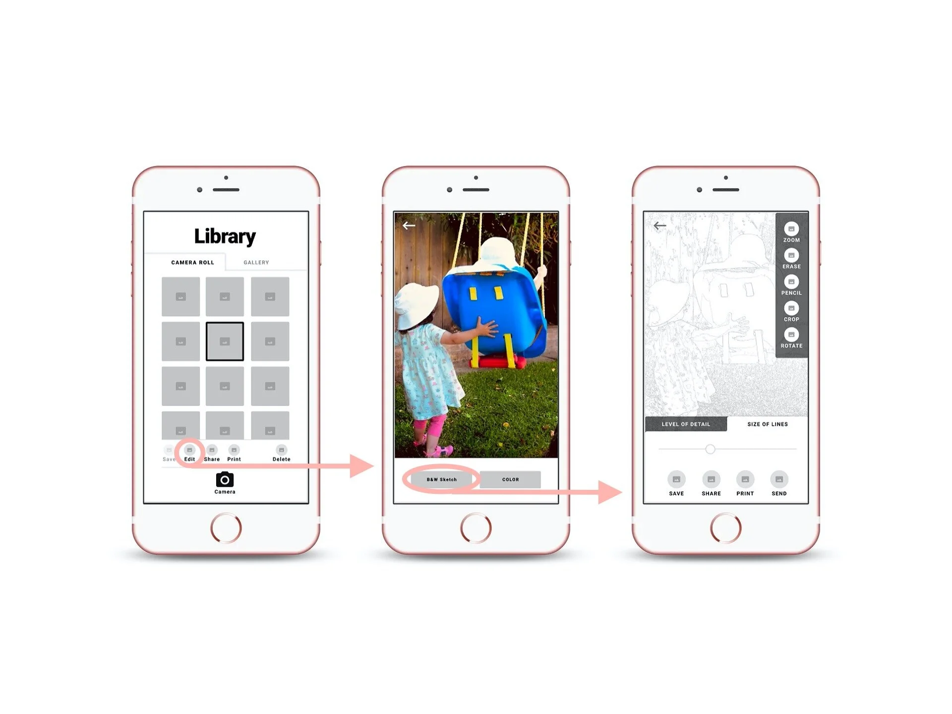 Wireframes from the low-fidelity prototype