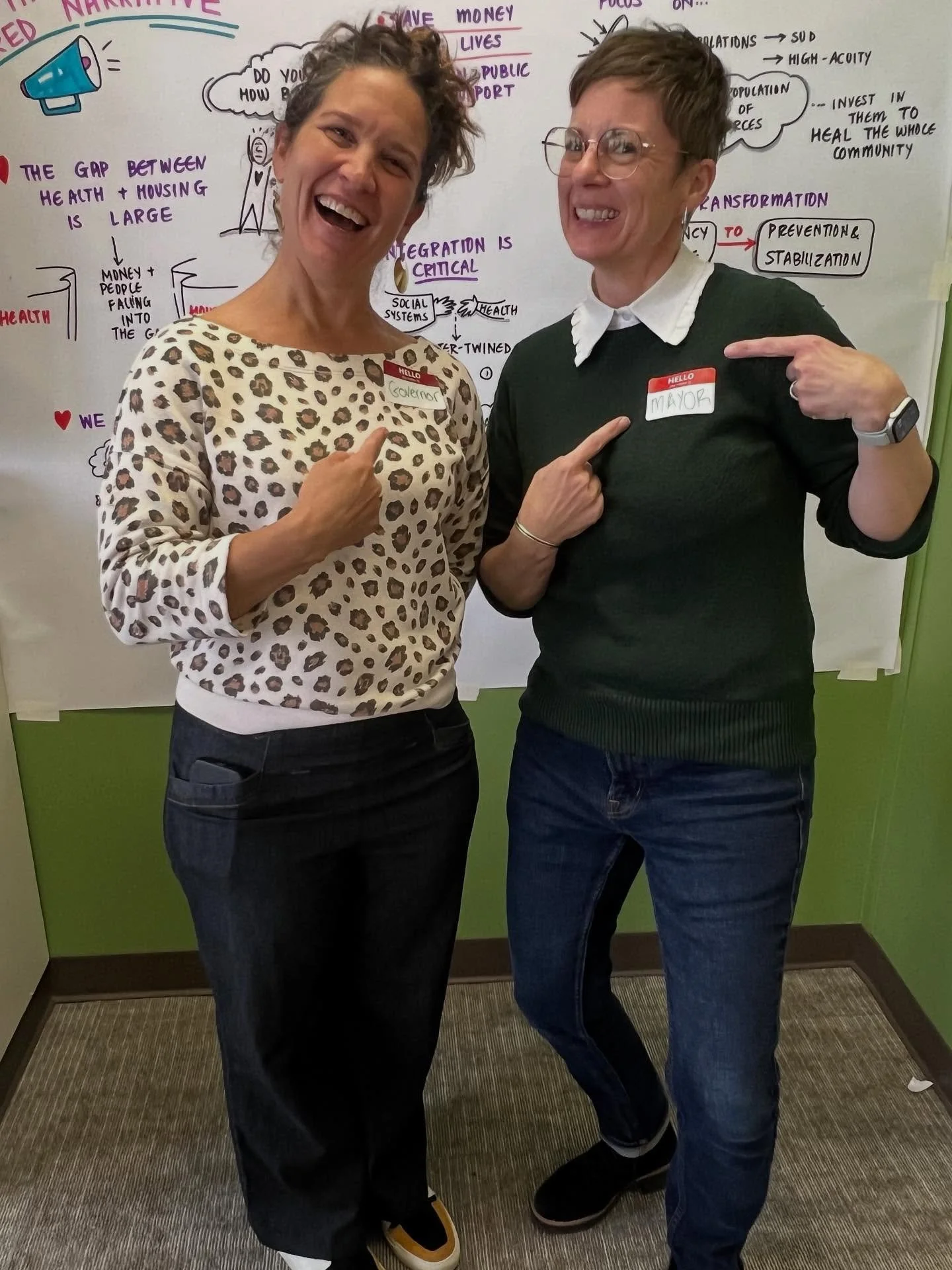 Facilitation team on 🔥🔥 today! We&rsquo;re working with a Tricounty team of health + housing partners - &lsquo;Mayor&rsquo; @deannarizzo and &lsquo;Governor&rsquo; @suze_a_roo stepping up to help the group practice elevator pitching 🎤