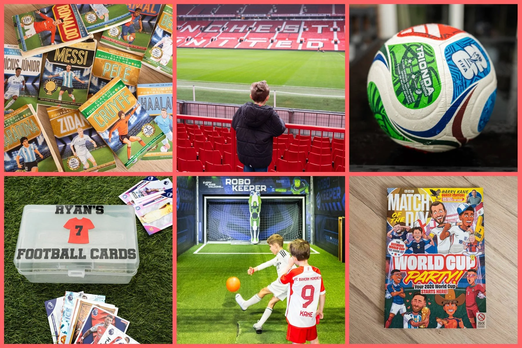 Football gifts for kids, including football books, a World Cup ball, a Match of the Day magazine, Old Trafford and Football Heroes books