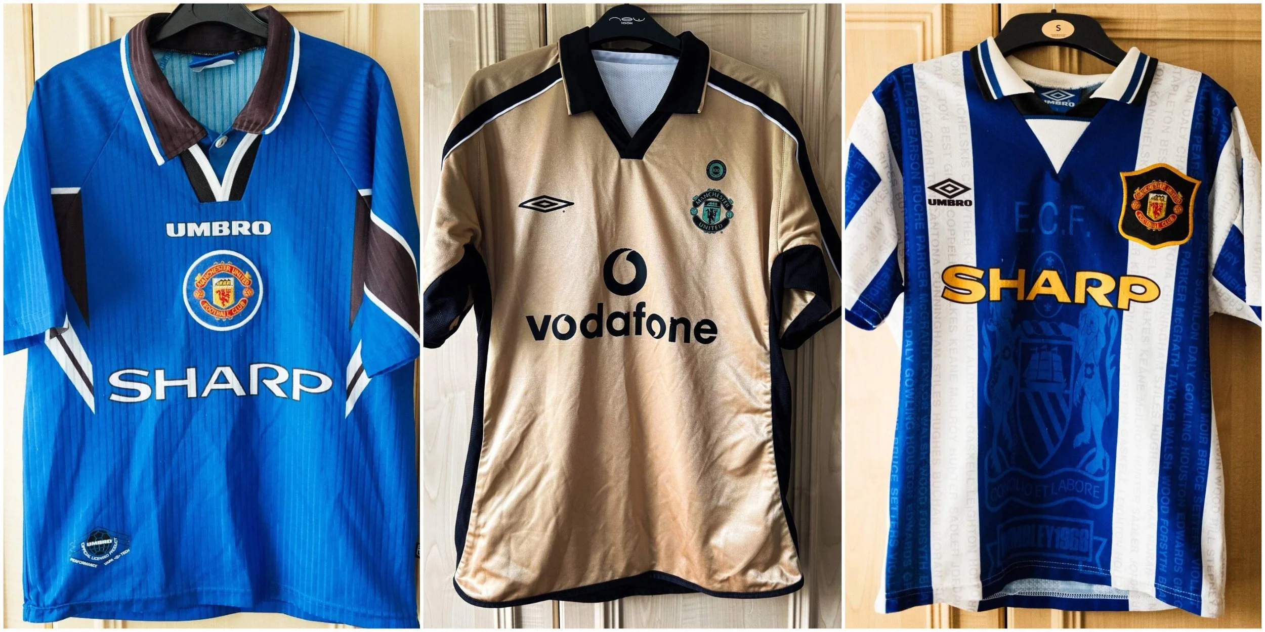 Old football shirts waiting to be sold