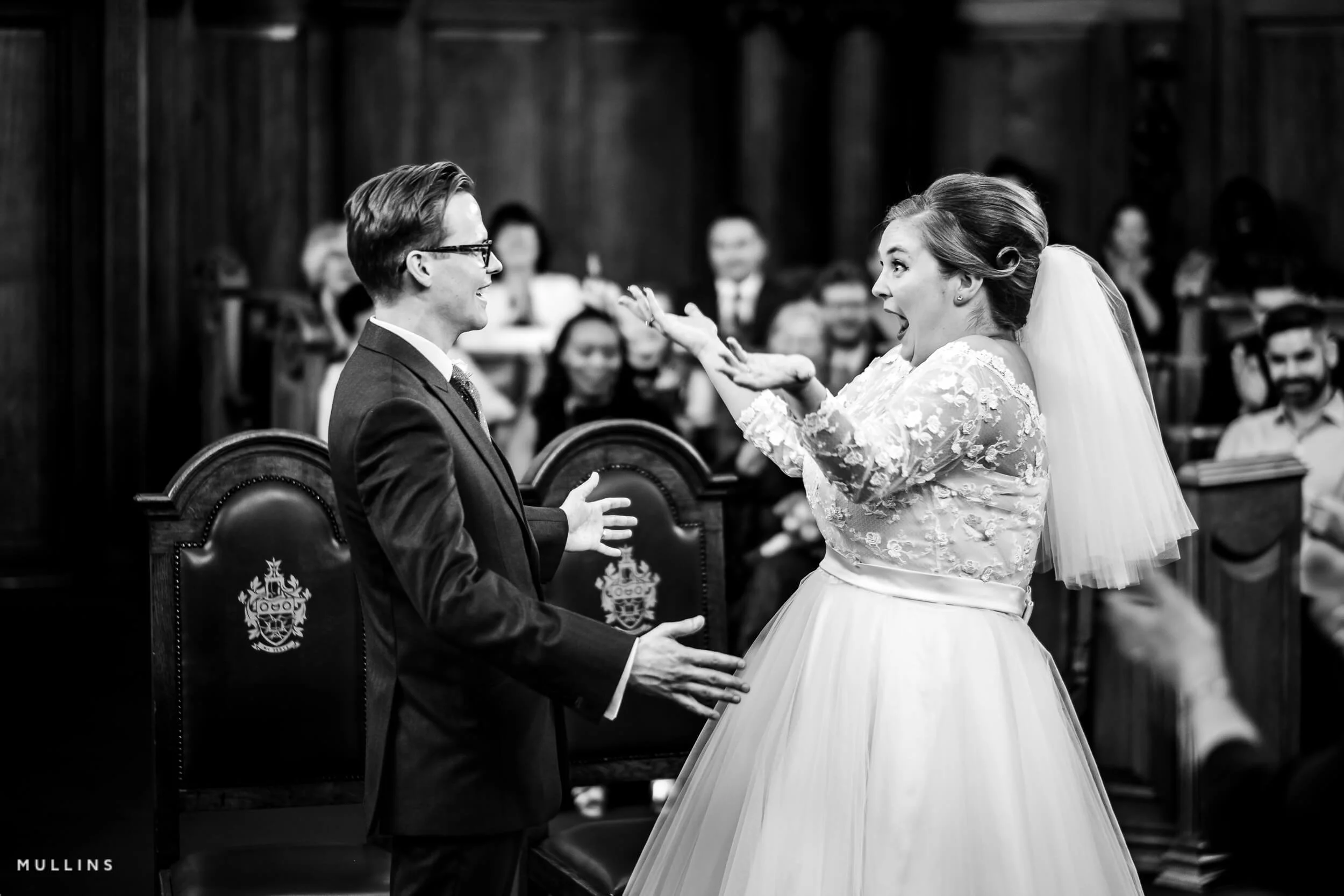 Bride and groom see each other for the first time on their wedding day