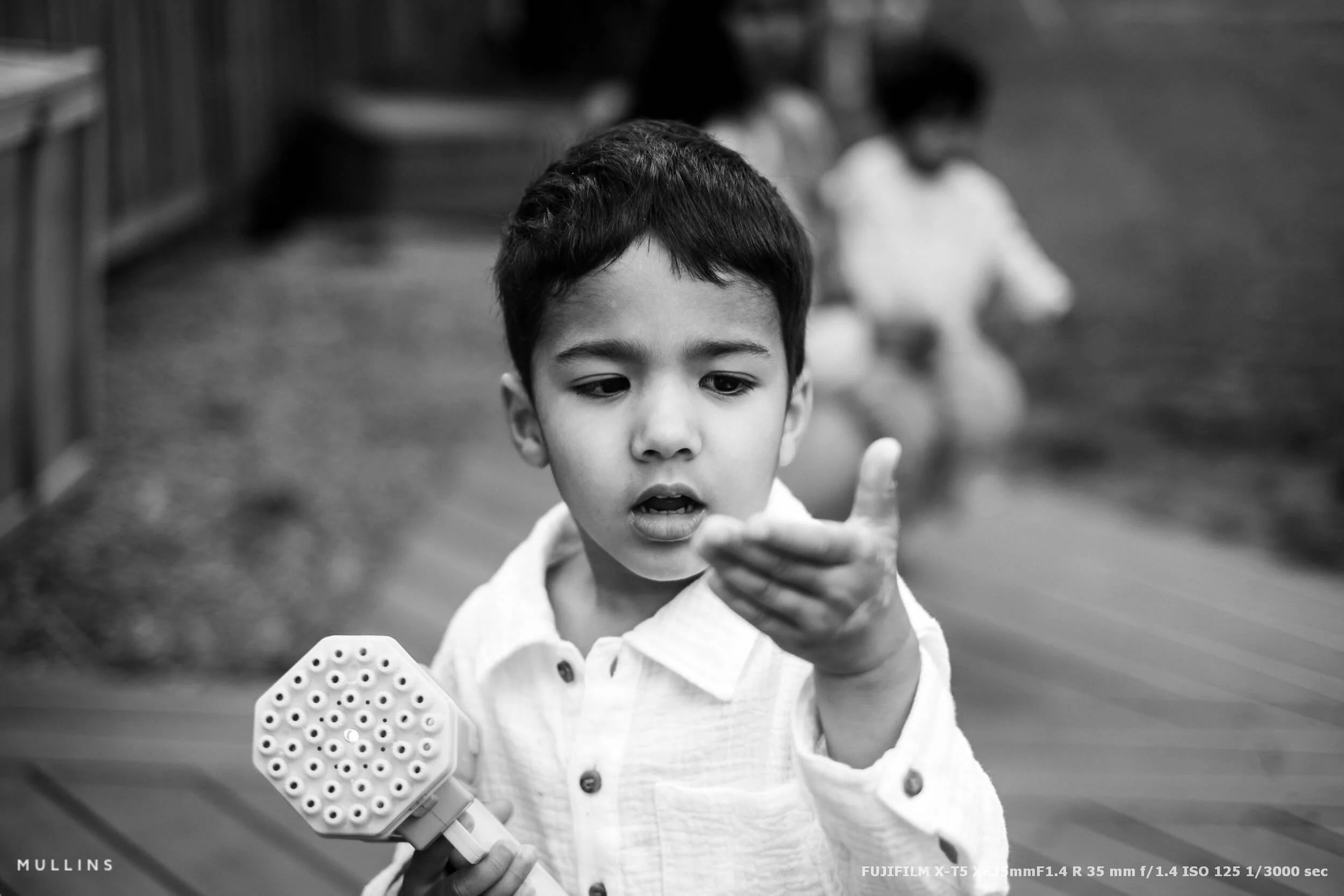 A Little boy playing in a garden.
