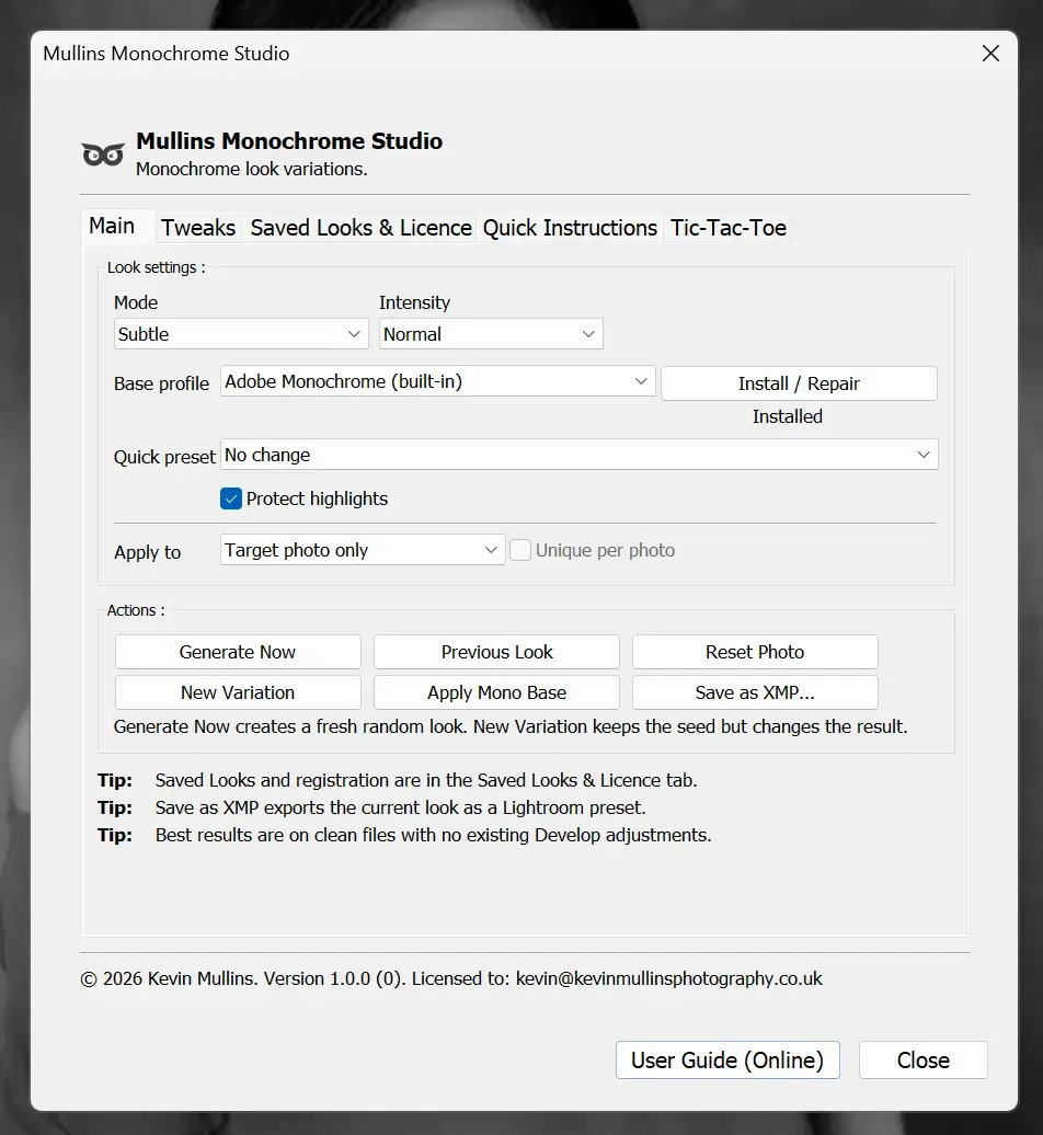Mullins Monochrome Studio Main tab in Lightroom Classic showing Generate Now and lock controls