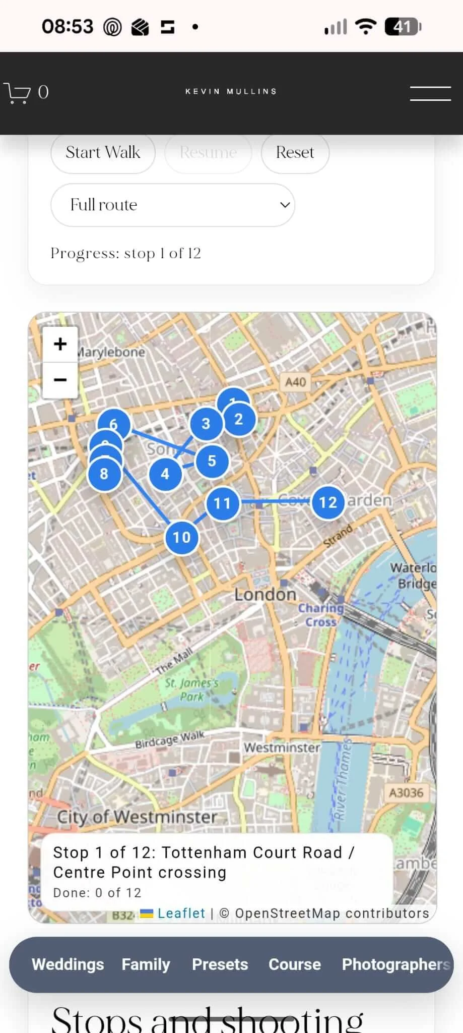 Interactive map of the West End and Soho street photography walk with numbered stops