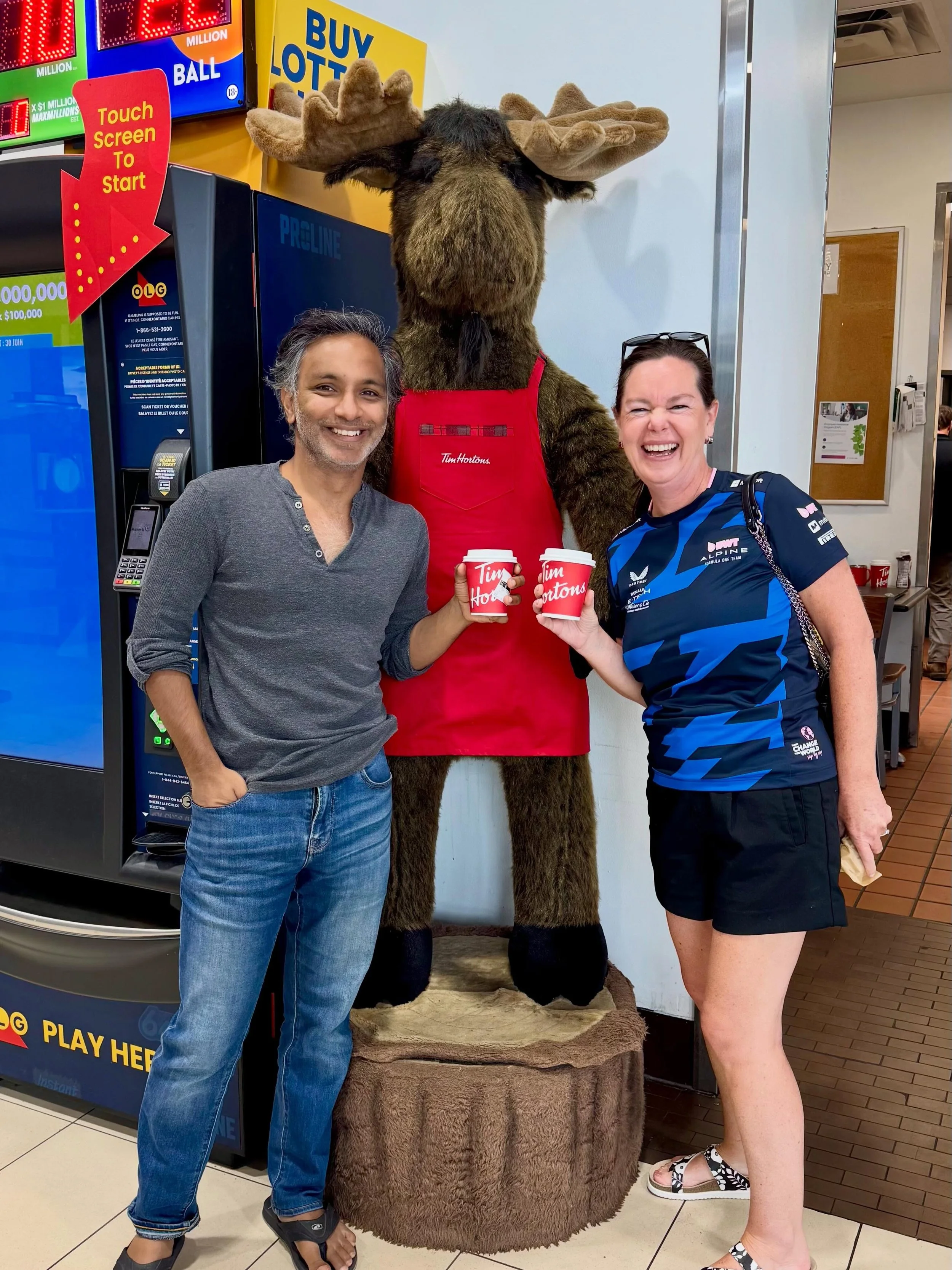 Visiting my dear Canadian friends in the land of the moose. 🫎 🇨🇦 🍁 Happy and getting @timhortons #coffee #timhortons ☕️