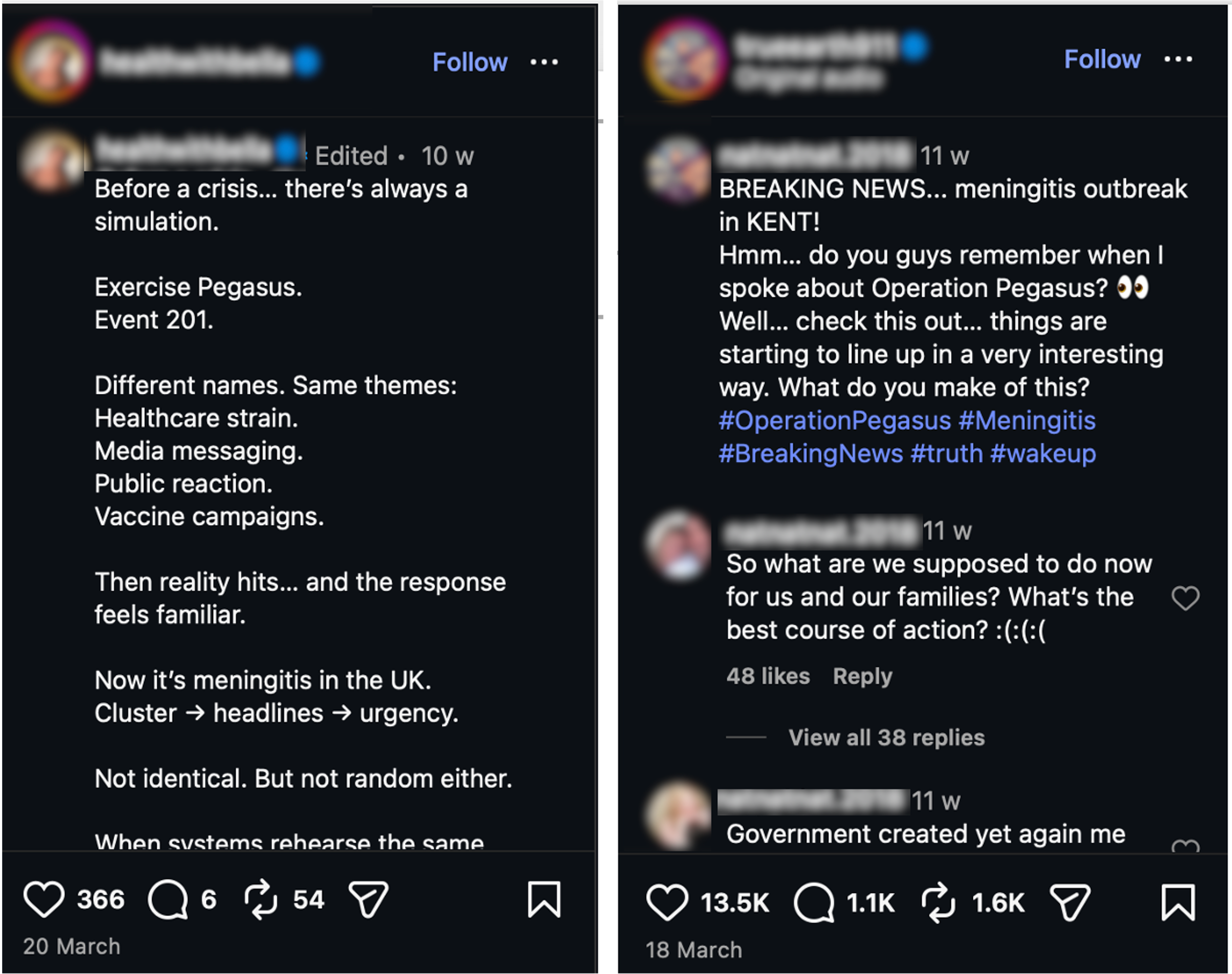 Example posts citing Operation Pegasus as a government conspiracy