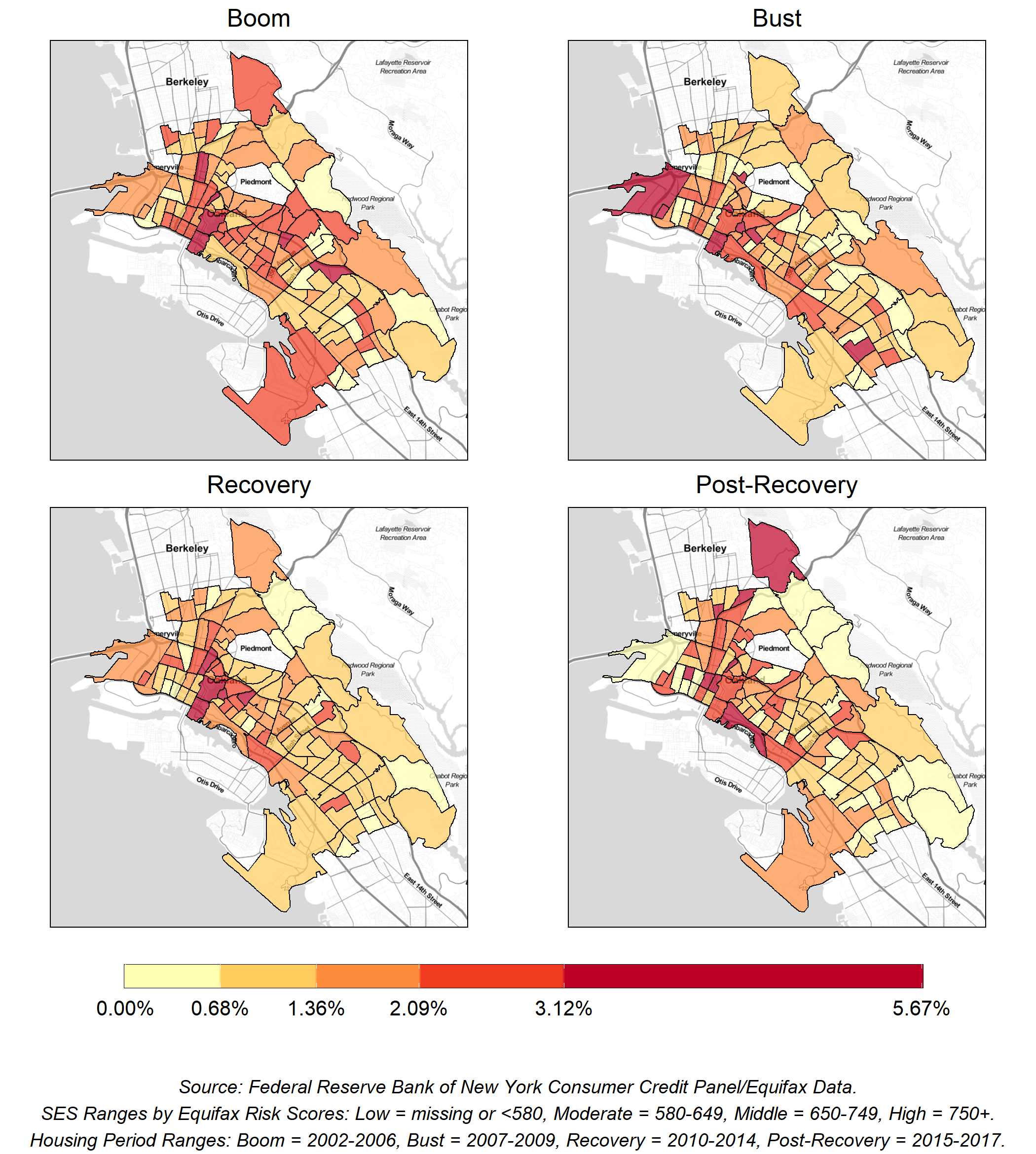 Maps of the percent of low, moderate-, and middle-SES residents who move and shift from households with 1-2 adults to a household with 4+ adults in each period, based on where they are moving from. Figure 1: Moves into households with more adults ar…
