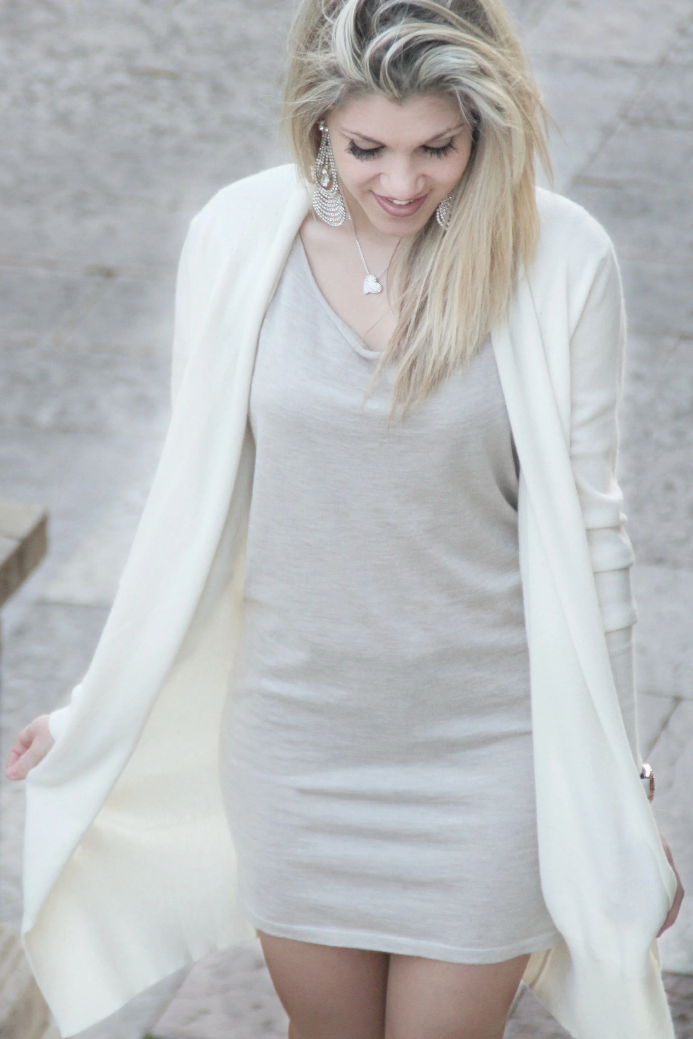 Ladies cashmere dress sweater set in beige and cream allows for multiple looks.  (more colors available.)