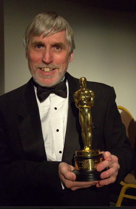 Edmund with the Academy Award statuette given to Hollywood legend Erik Wolfgang Korngold for his score to Anthony Adverse. Korngold’s granddaughter, Katie, graciously loaned Edmund the Oscar for this photo following a film music presentation.