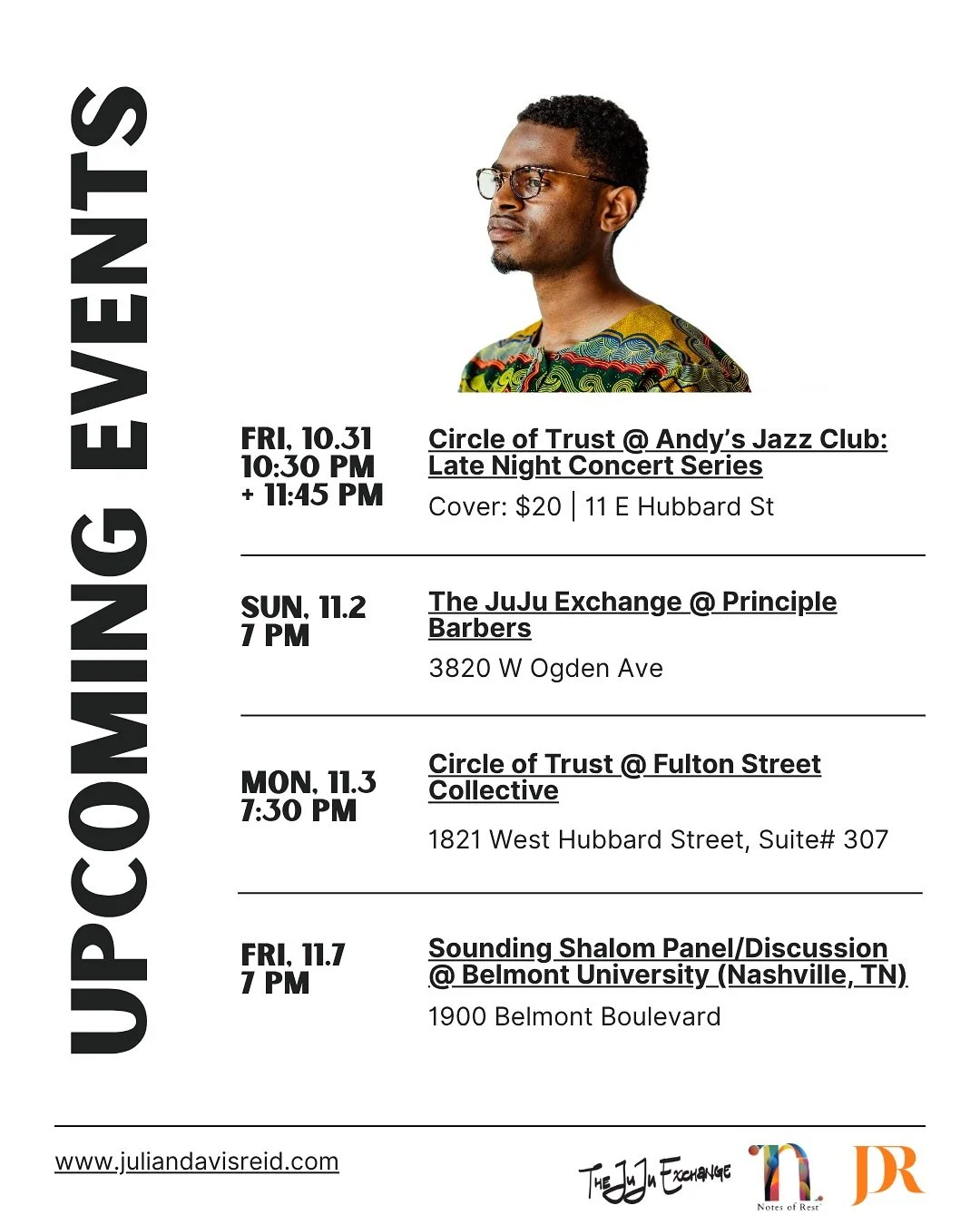 Upcoming Dates! 

Chicago and Nashville Family - I&rsquo;d love to be with you at these next appearances. 

Tomorrow, 10.31 - @andysjazzclub&rsquo;s Late Night Concert Series w/ @ethanphilion @runerebrooks, @ms.parker09, and @ihitmybestfriends 

Sun,
