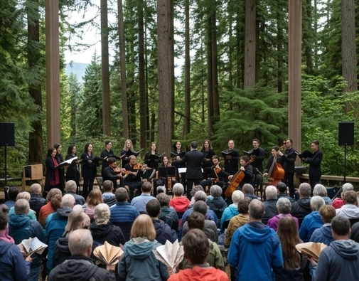 Audience choir and orchestra in the forest.
