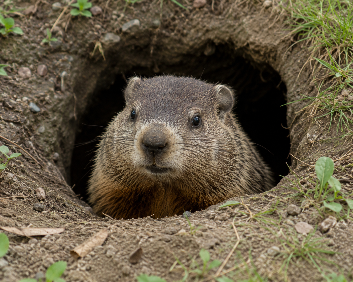 woodchuck sticking its head out of a burrow