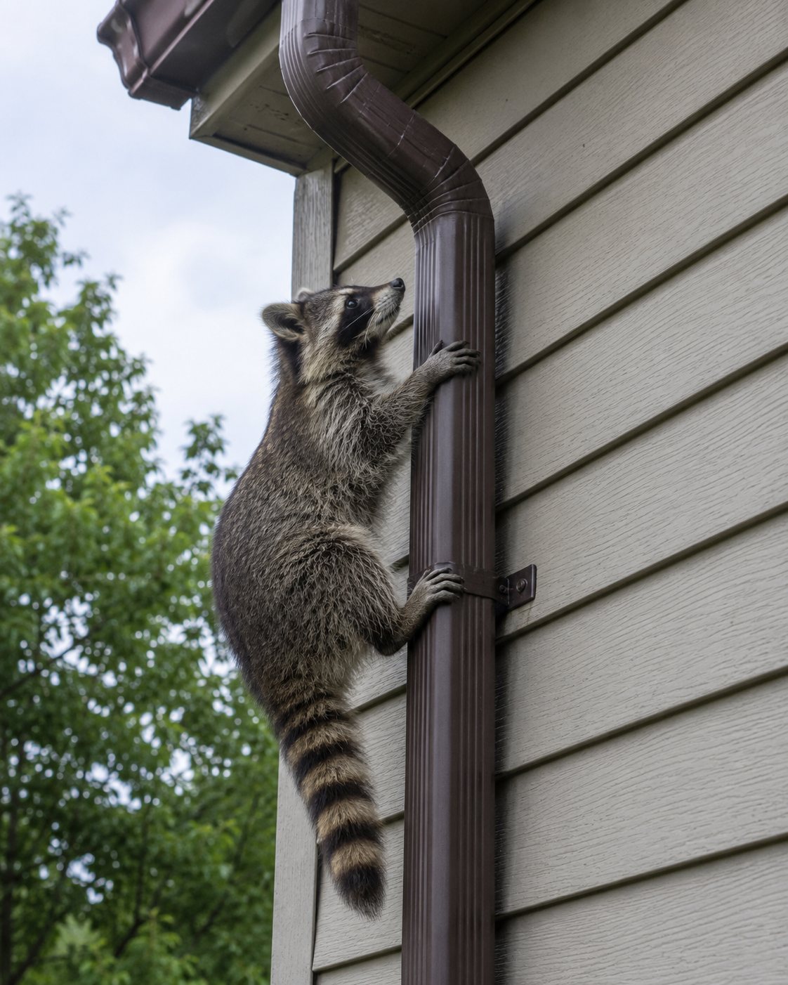 raccoon climbing a house gutter