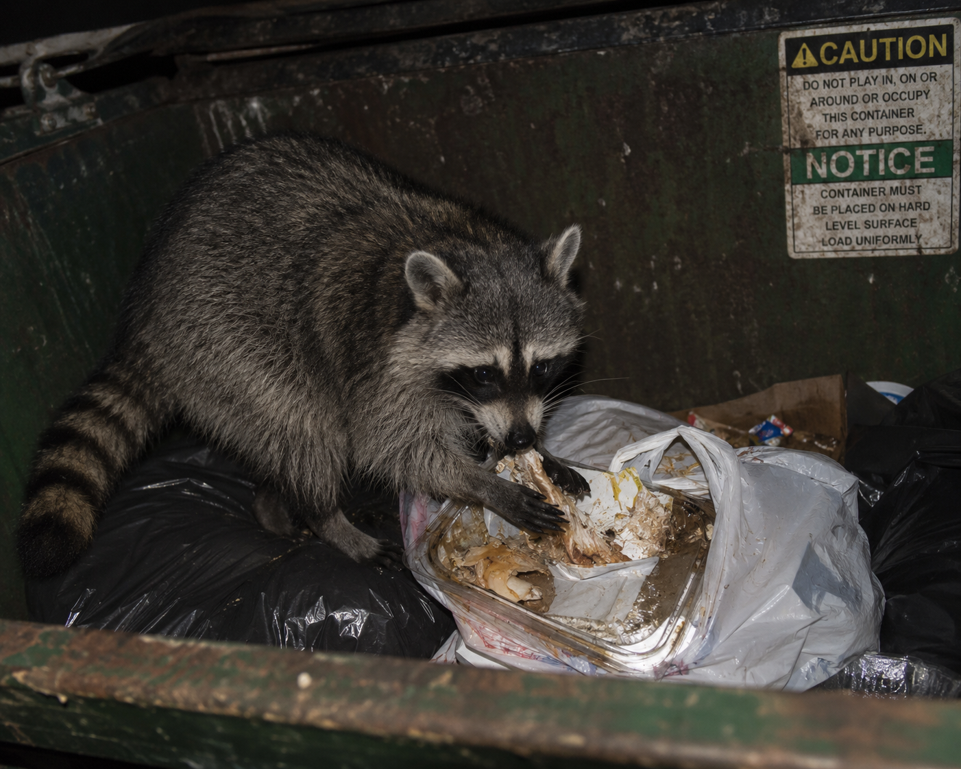 raccoon feeding on trash