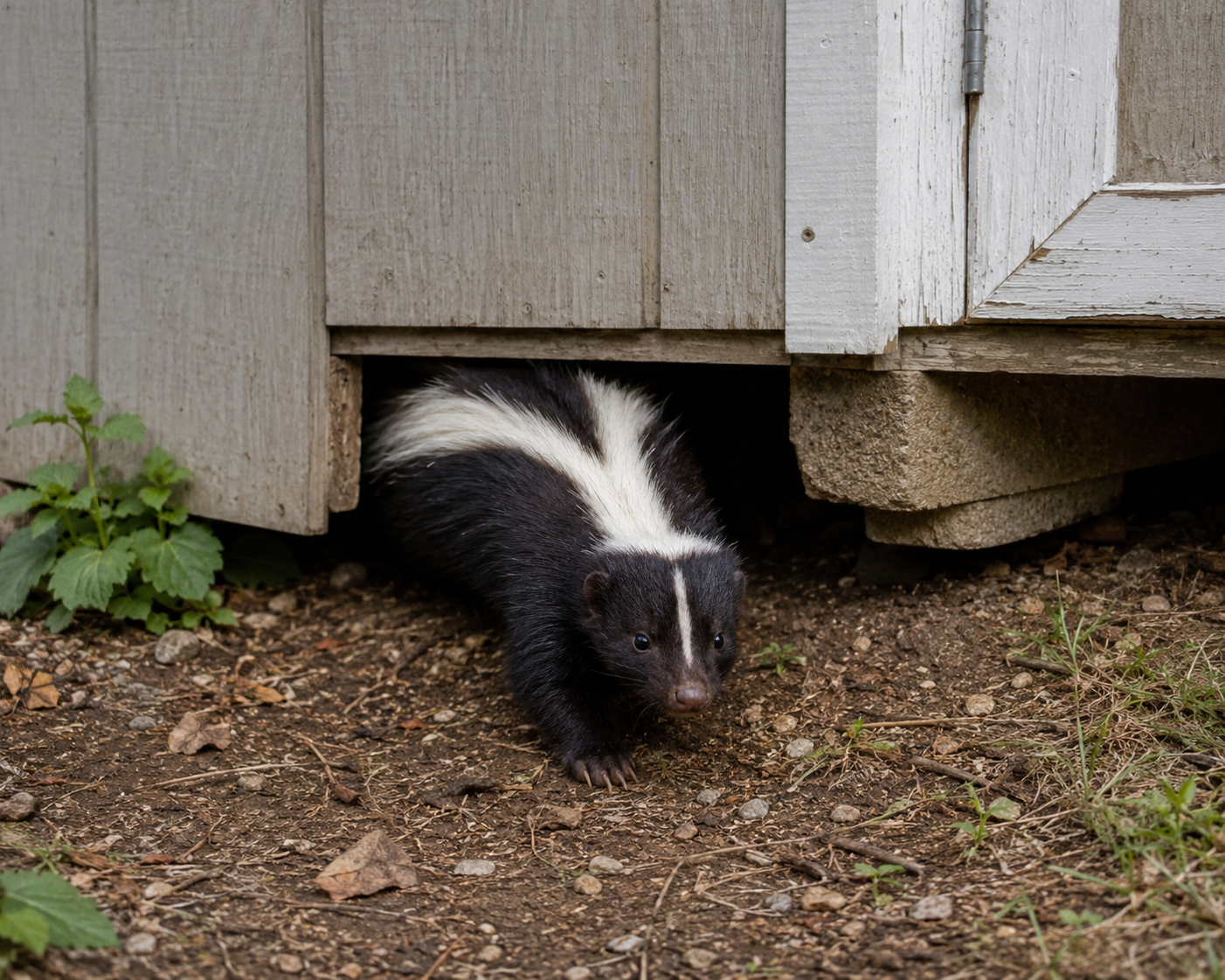 skunk emerging from under shed