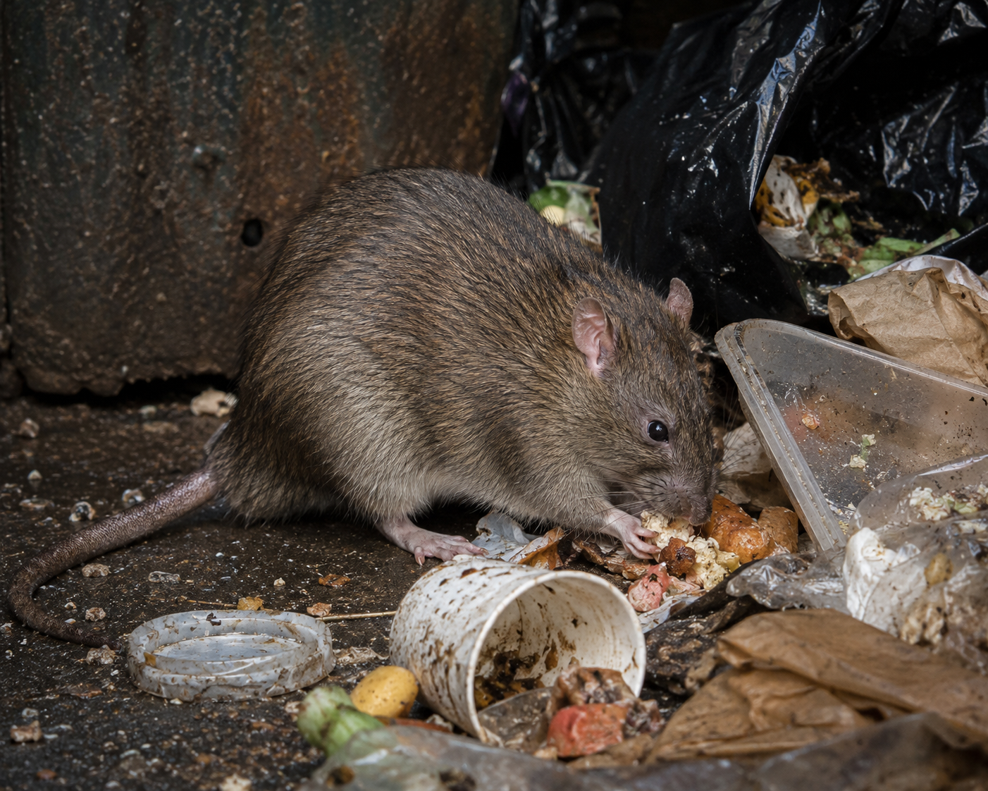 brown rat feeding on trash