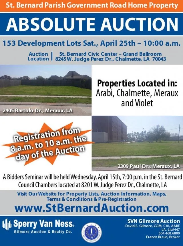 St. Bernard Parish Announces April 25th Absolute Auction of 153 Road Home Properties