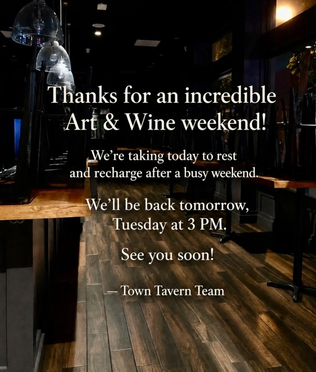 Thanks for an incredible Art &amp; Wine weekend! We had an amazing time celebrating with all of you.

Our team is taking today to rest and recharge after a busy weekend. We&rsquo;ll be back tomorrow, Tuesday, at 3 PM, ready to do it all again.

See y