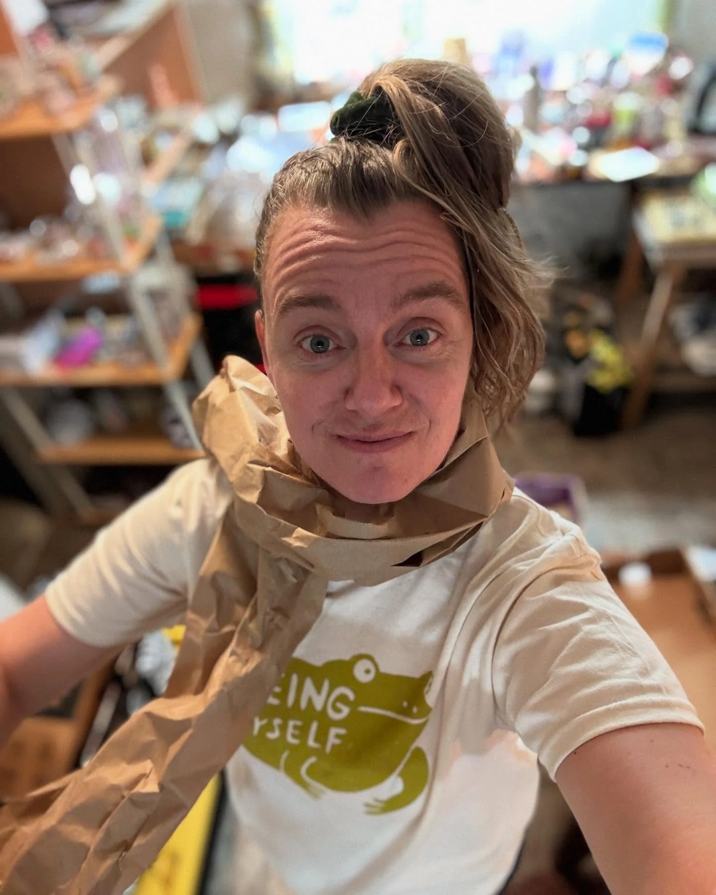 Packing up to head to Bozeman MADEfair tomorrow. Think the Bo-zone is ready for my fabulous scarf? It&rsquo;s a little loud but environmentally supreme 🤓🌻🧸🪩🤞🦢

Shirt credit: @mollyannebishop 
@handmademt