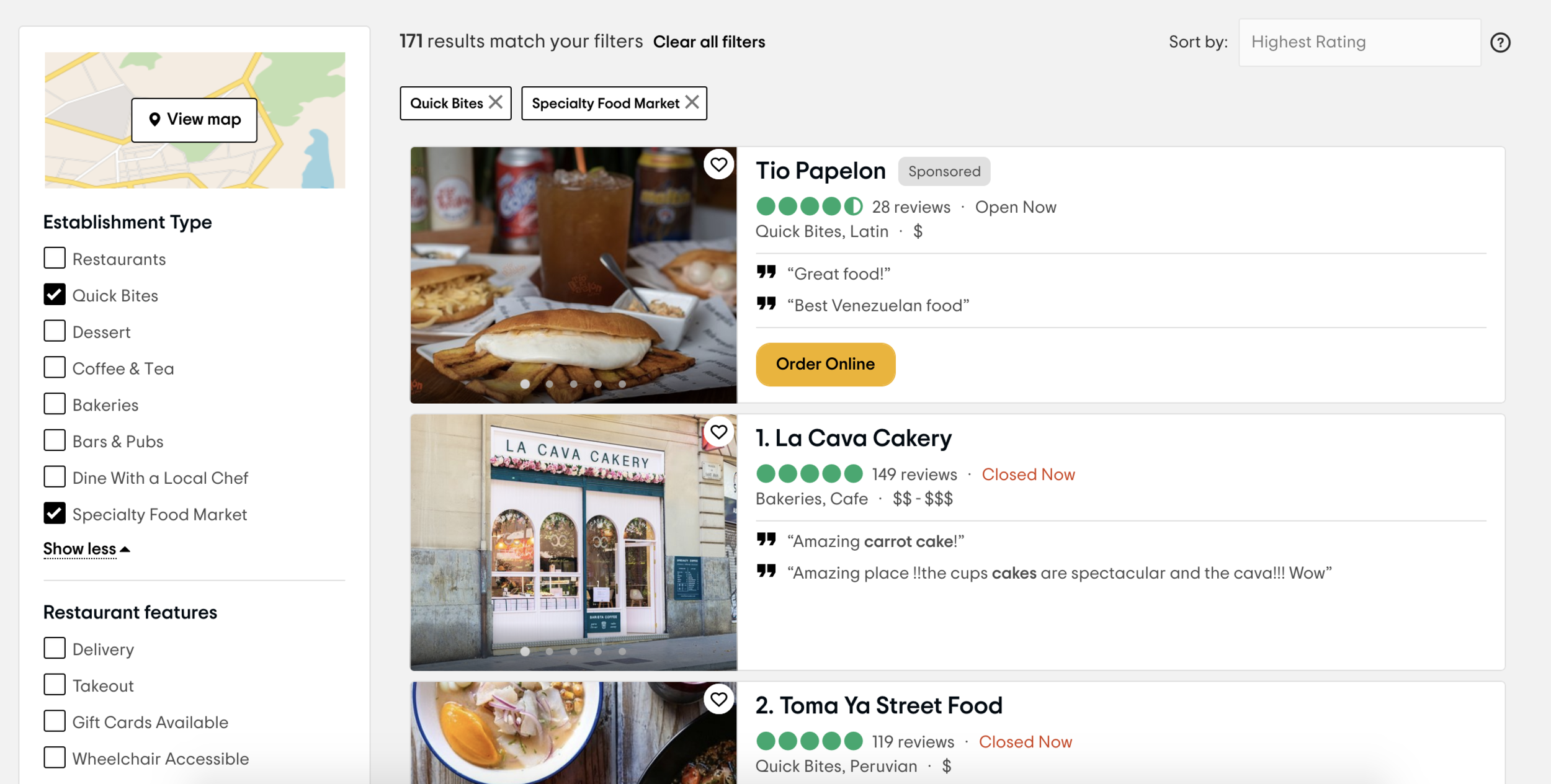 The filters on the left-hand side show new categories, Quick Bites and Specialty Food Markets, which enable diners to discovery options more in line with what they are looking for.