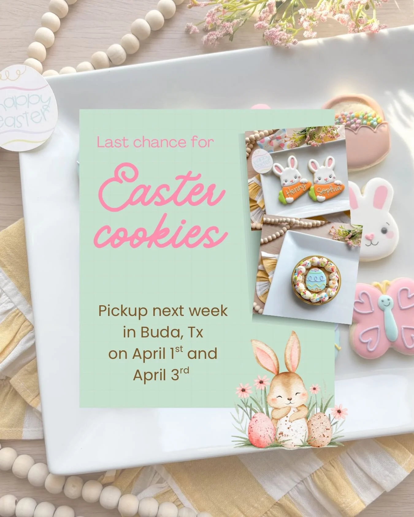 🐣 Easter is next Sunday!

Orders close this weekend for pickup next week. If you need a different date or time than what&rsquo;s available, just reach out to me 💛

#easter #eastercookies #austincookies #sugarcookies #buda