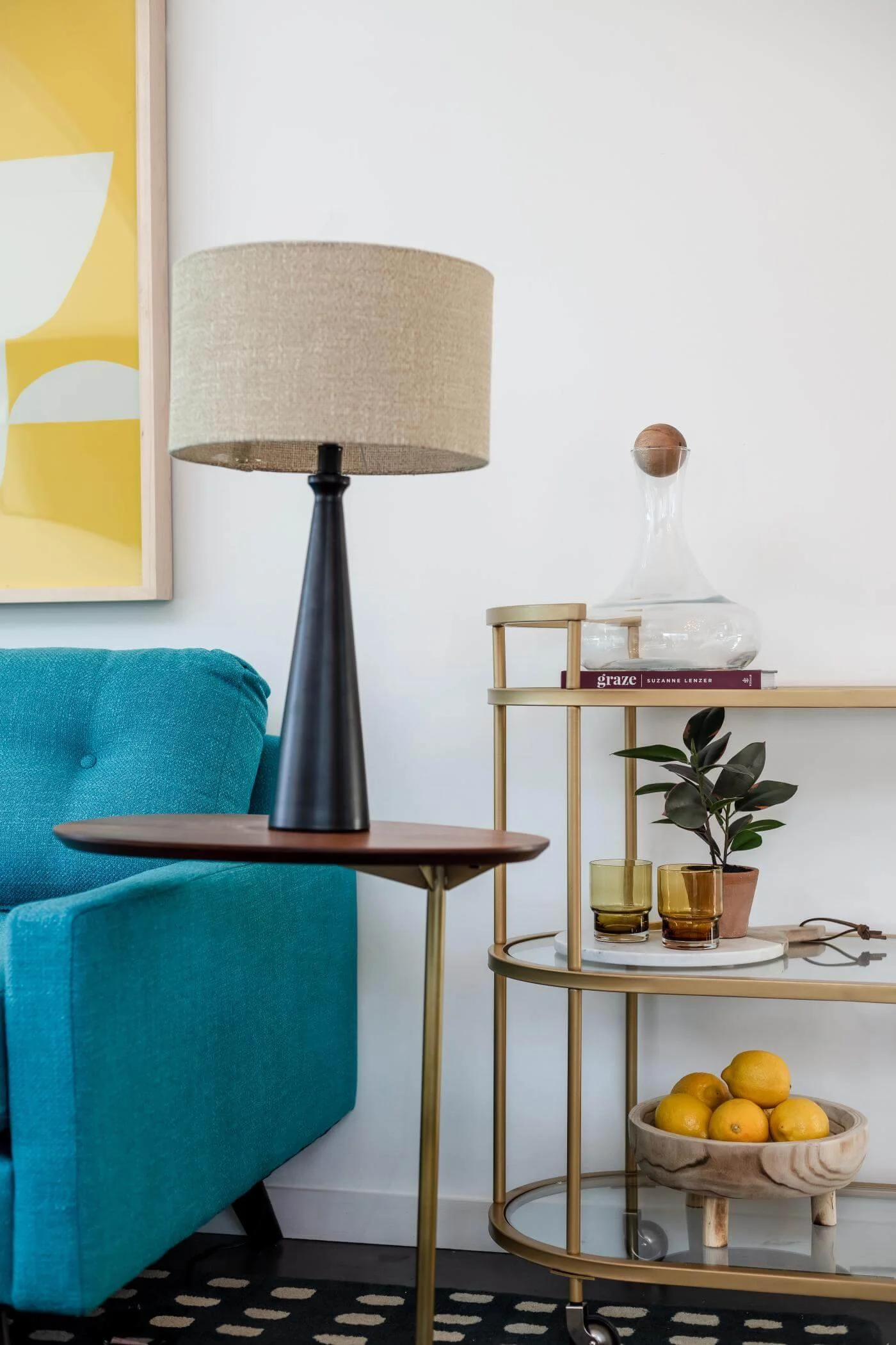 styled bar cart with decanter