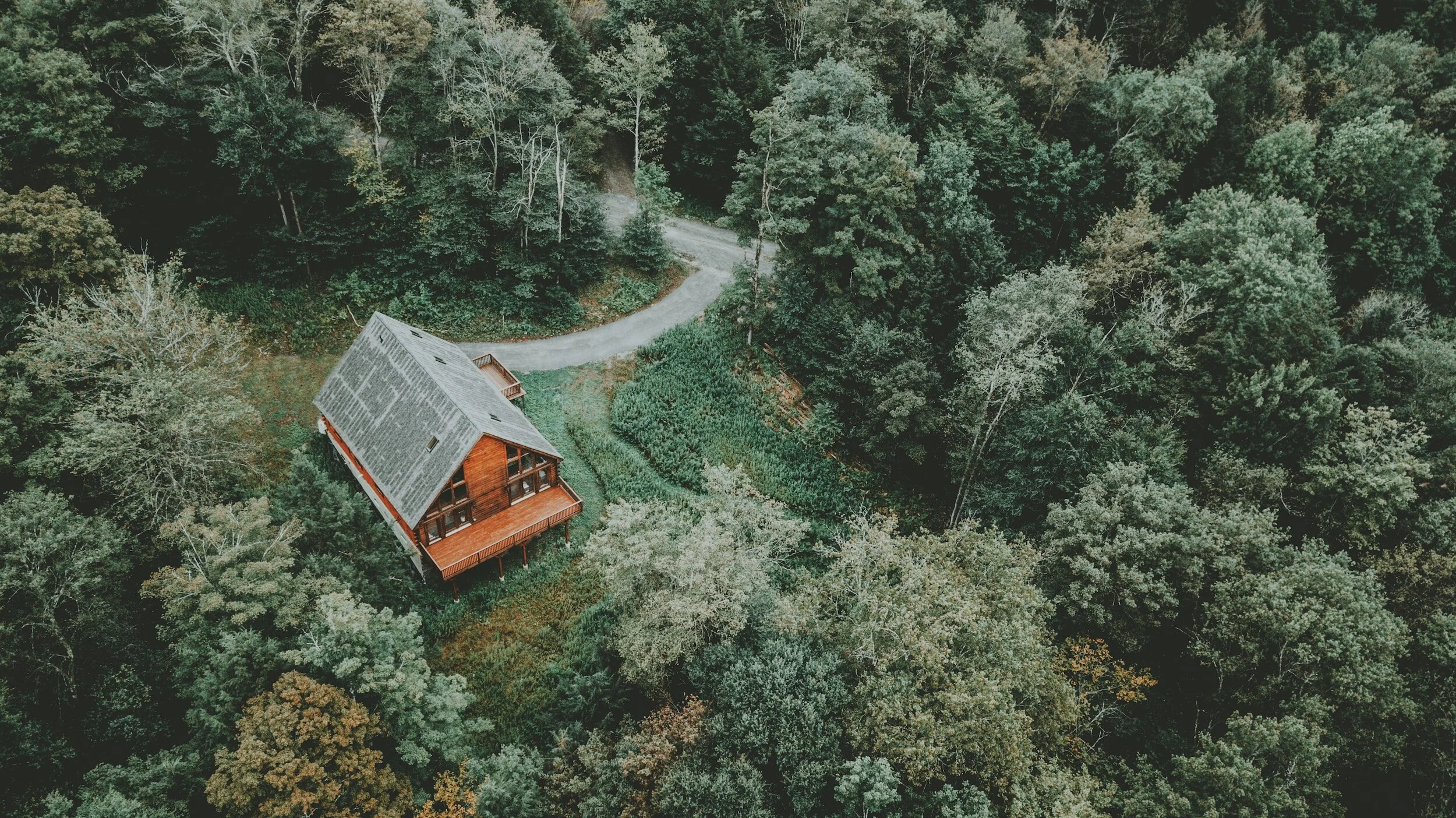 An aerial view of a wooden house surrounded by dense green forest, with a winding gravel driveway leading to the house.