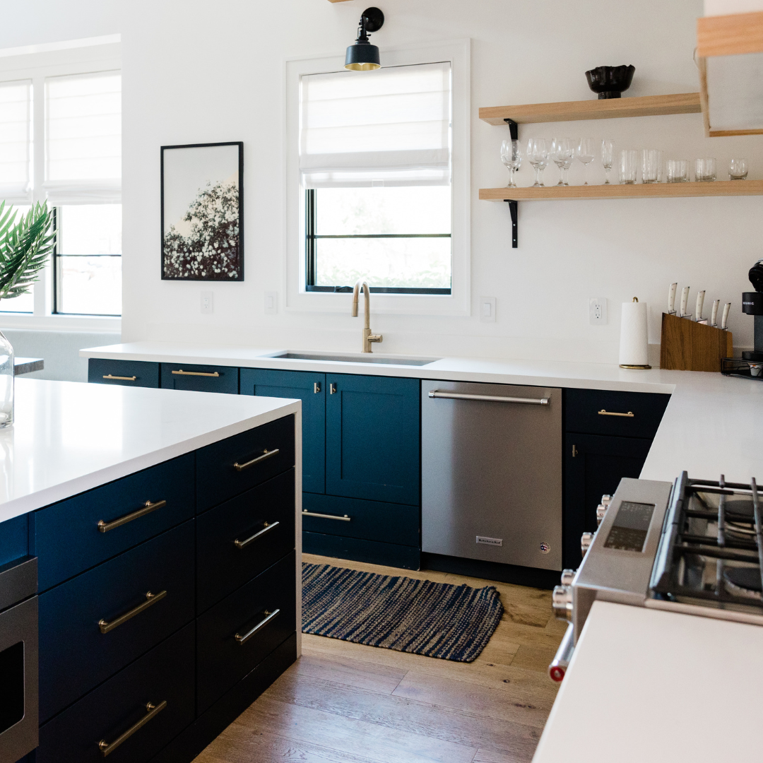 kitchen with open shelves and blue cabinets
