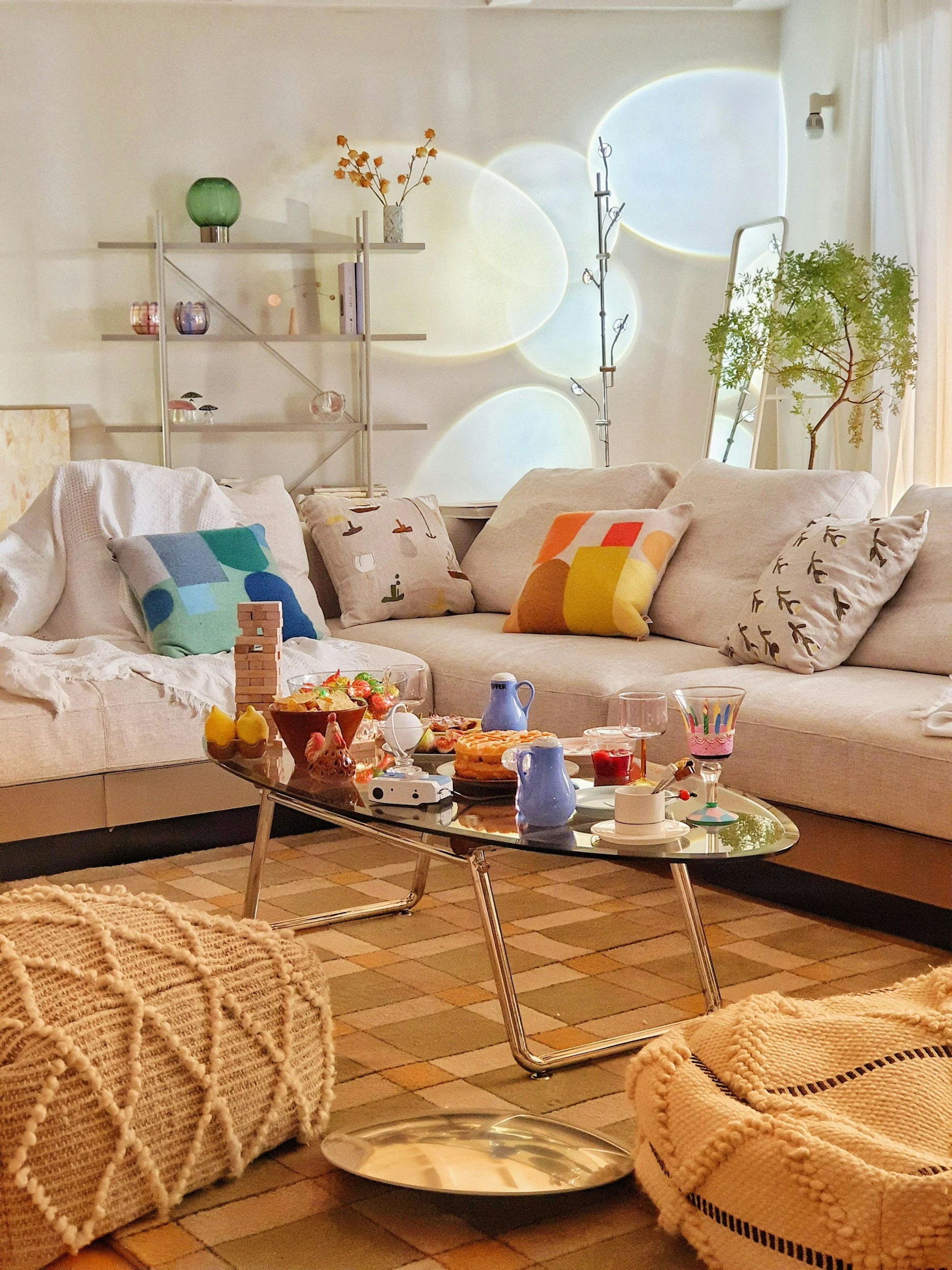 colorful pillows on beige sectional sofa