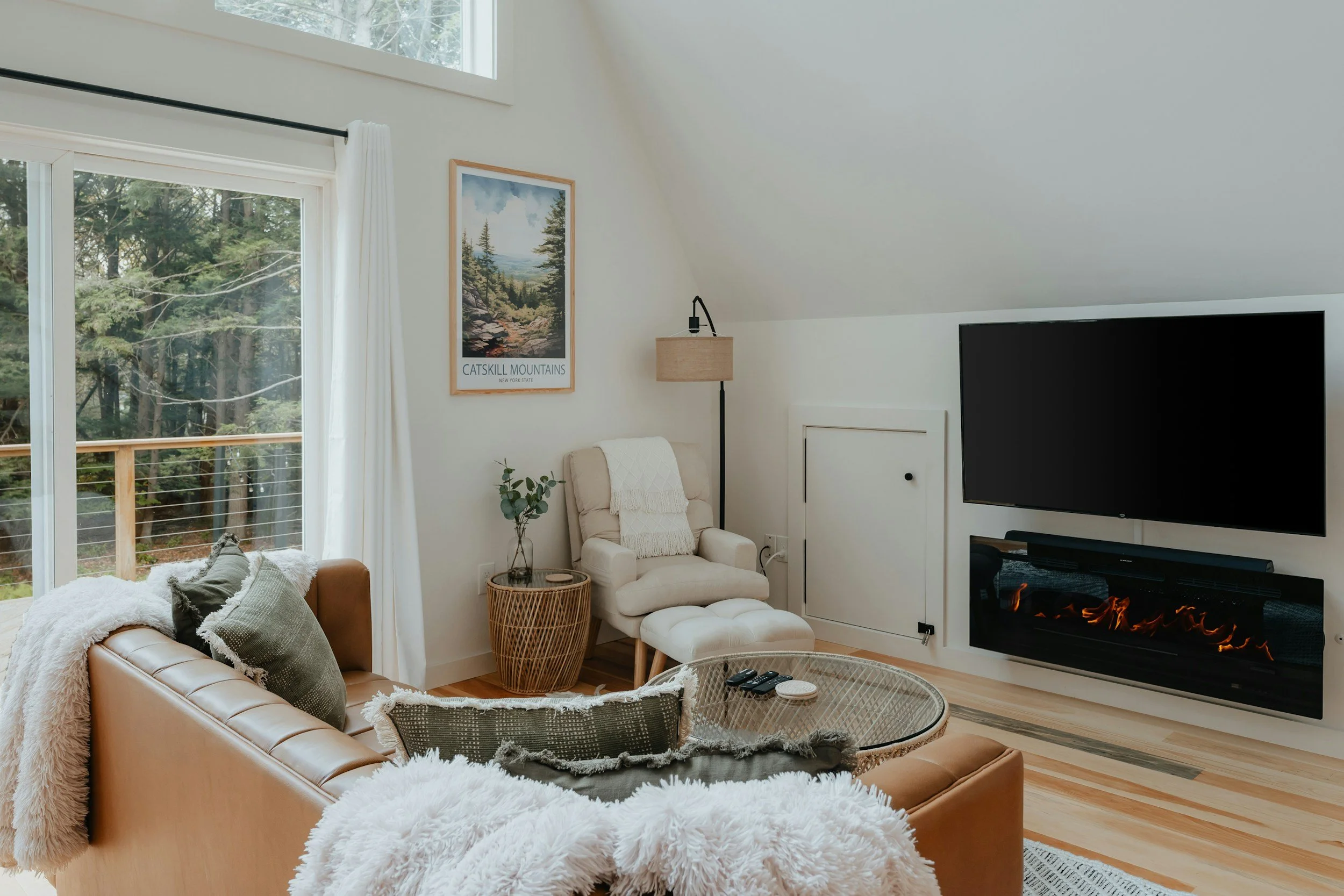 cabin with saddle leather sofa and fur blanket