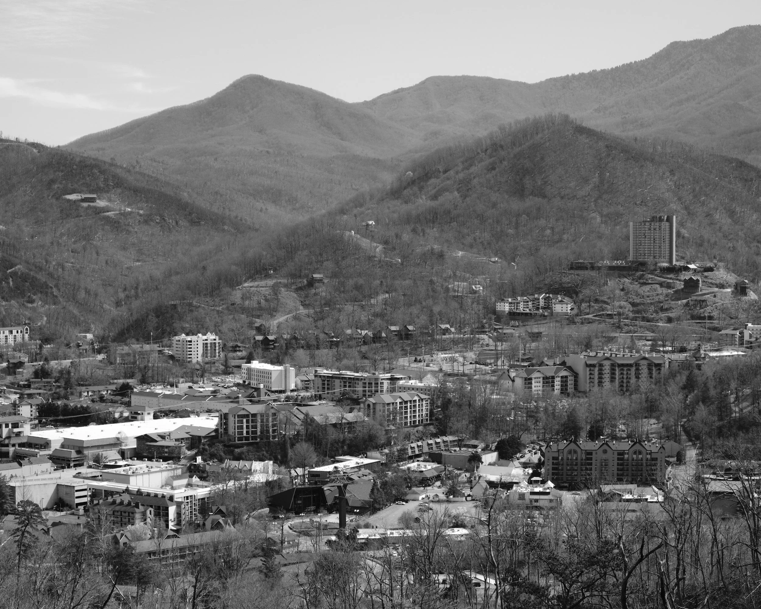 black and white image of mountain town