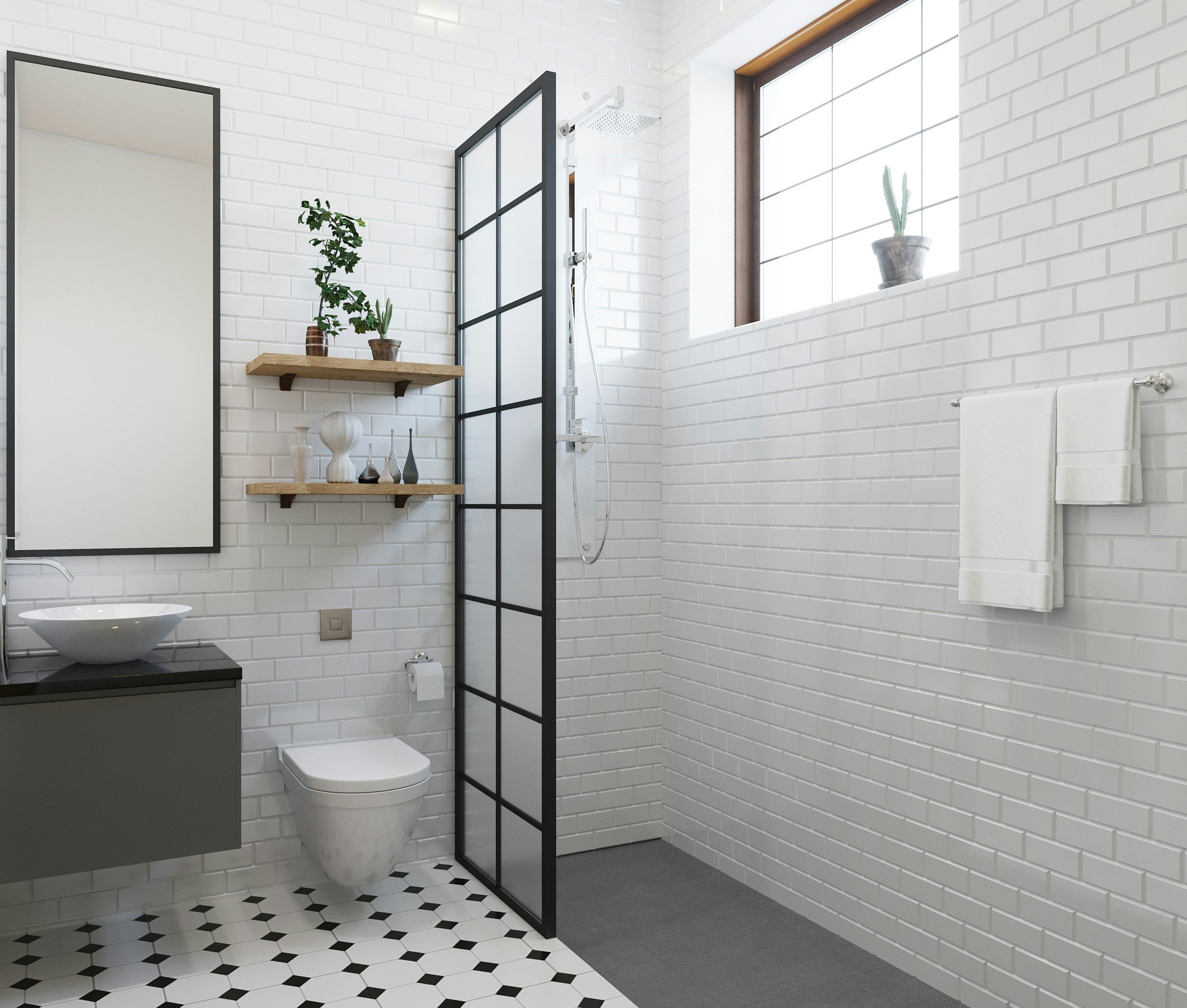 white subway tile modern bathroom