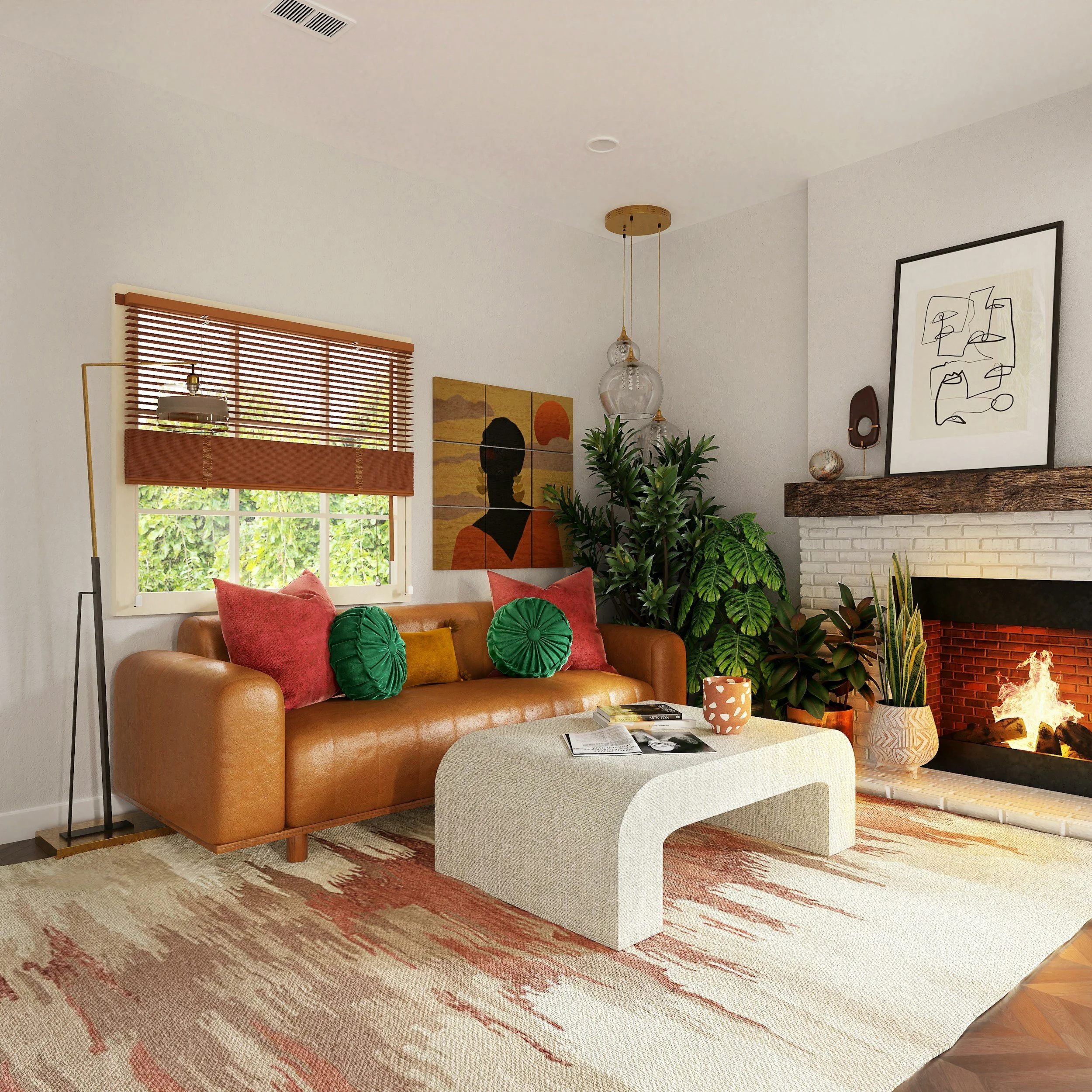 colorful living room with tan leather sofa and white coffee table