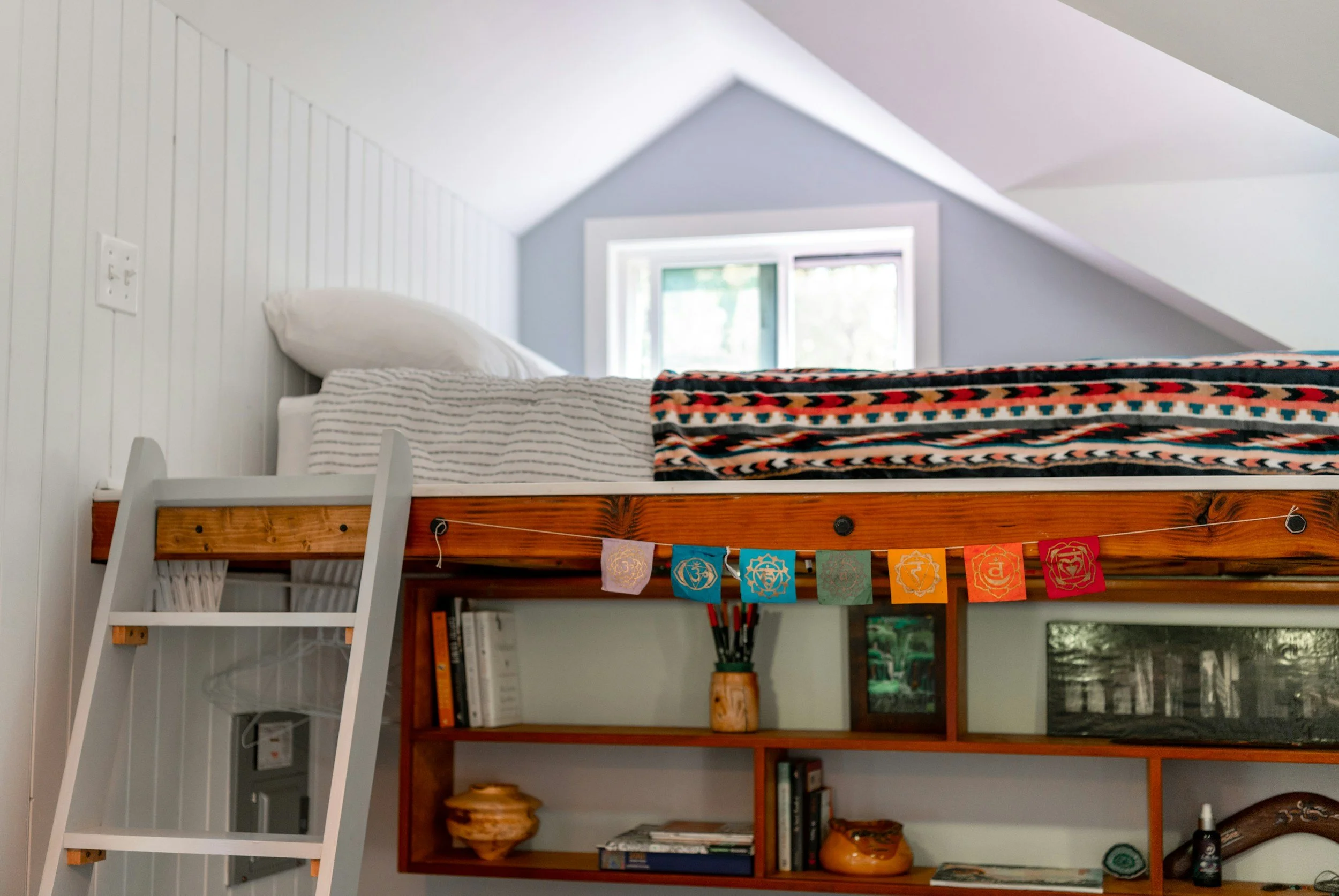loft bed with wood shelves
