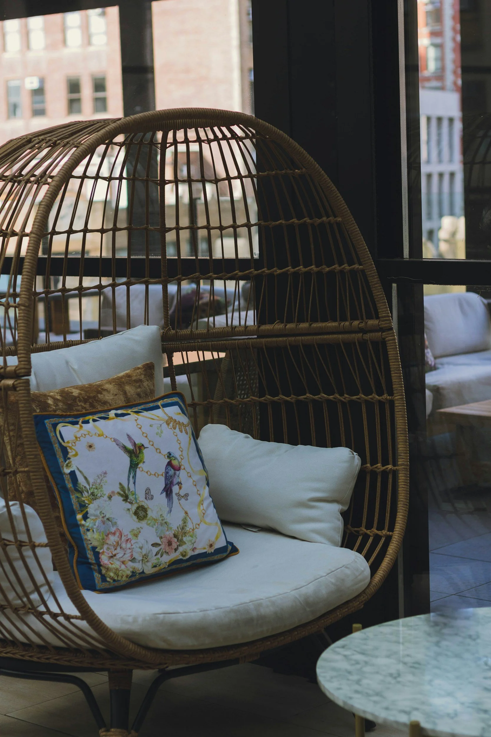 rattan egg chair with bird pillow