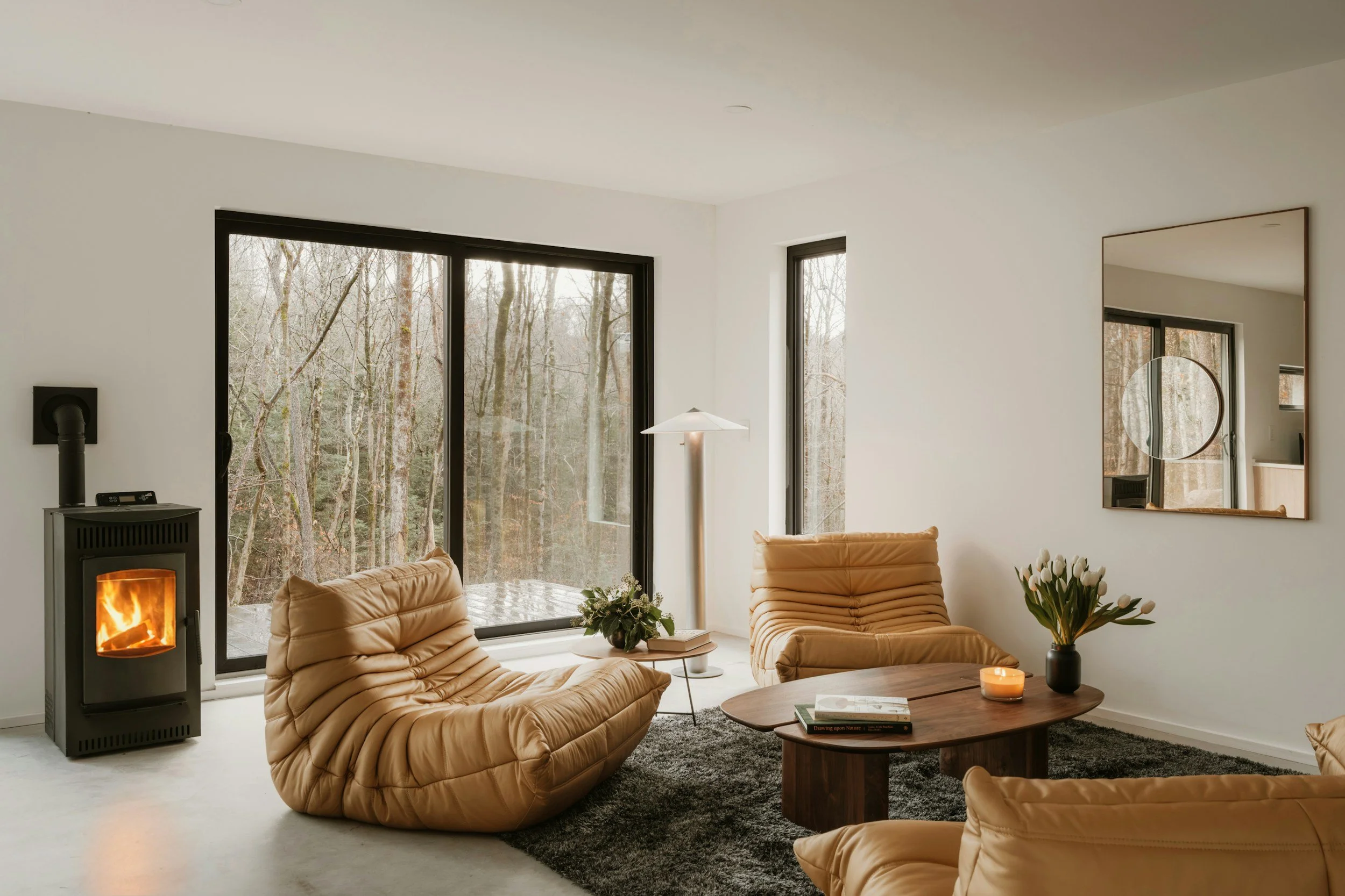 leather lounge chairs by fireplace and snowy window