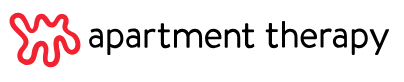 Logo for apartment therapy featuring a red abstract shape and black text.