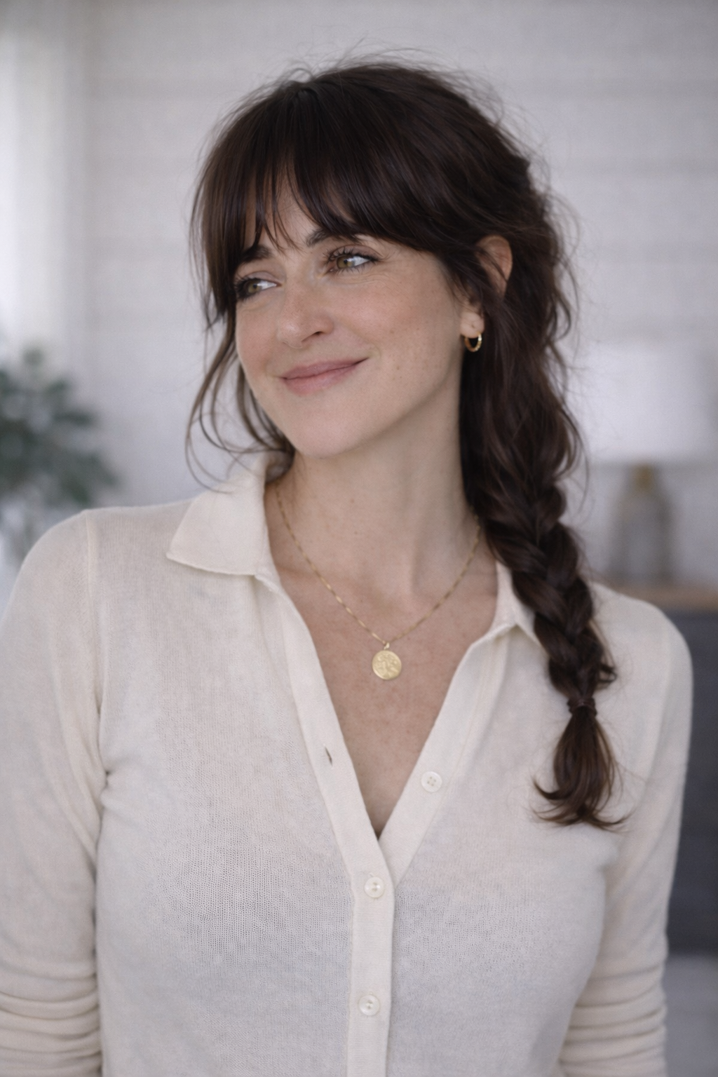 Sarah Bronstein of sukkha interior design in a white sweater and braided hair