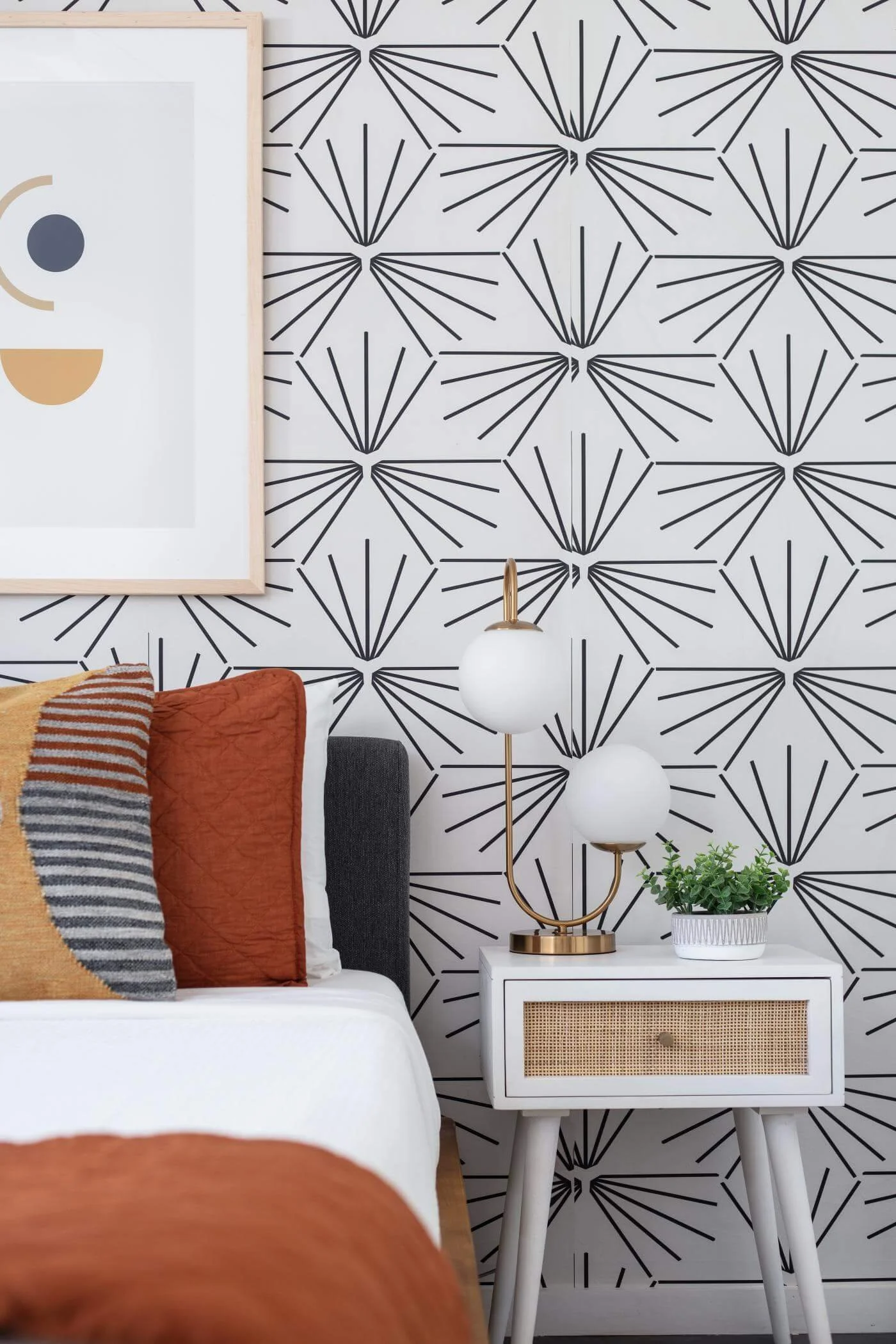 sukkha interior design geometric wallpaper bedroom