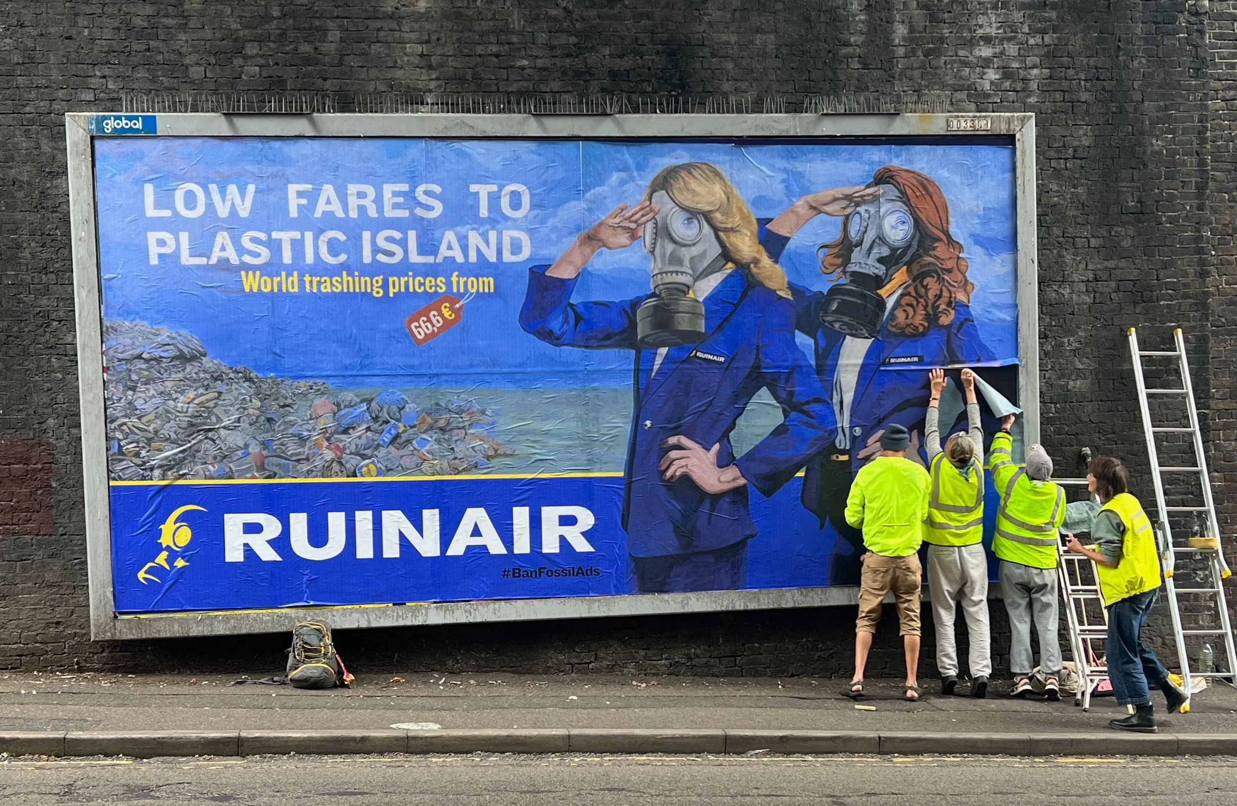 Hundreds of spoof airline adverts installed across Europe and the UK as campaigners demand an end to harmful advertising 